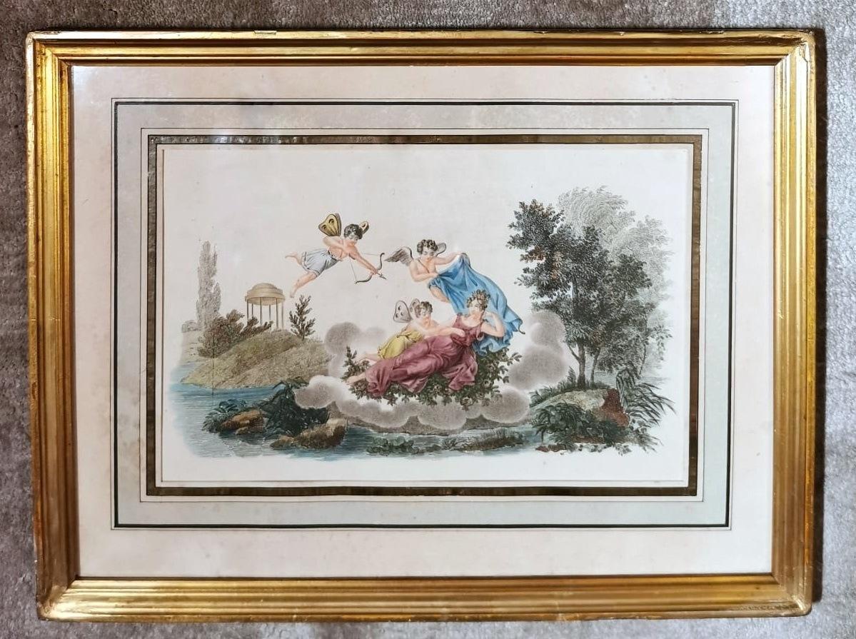 Gilt Nargeol Adrien Pair Prints Painted Watercolor with Gilded Frames For Sale