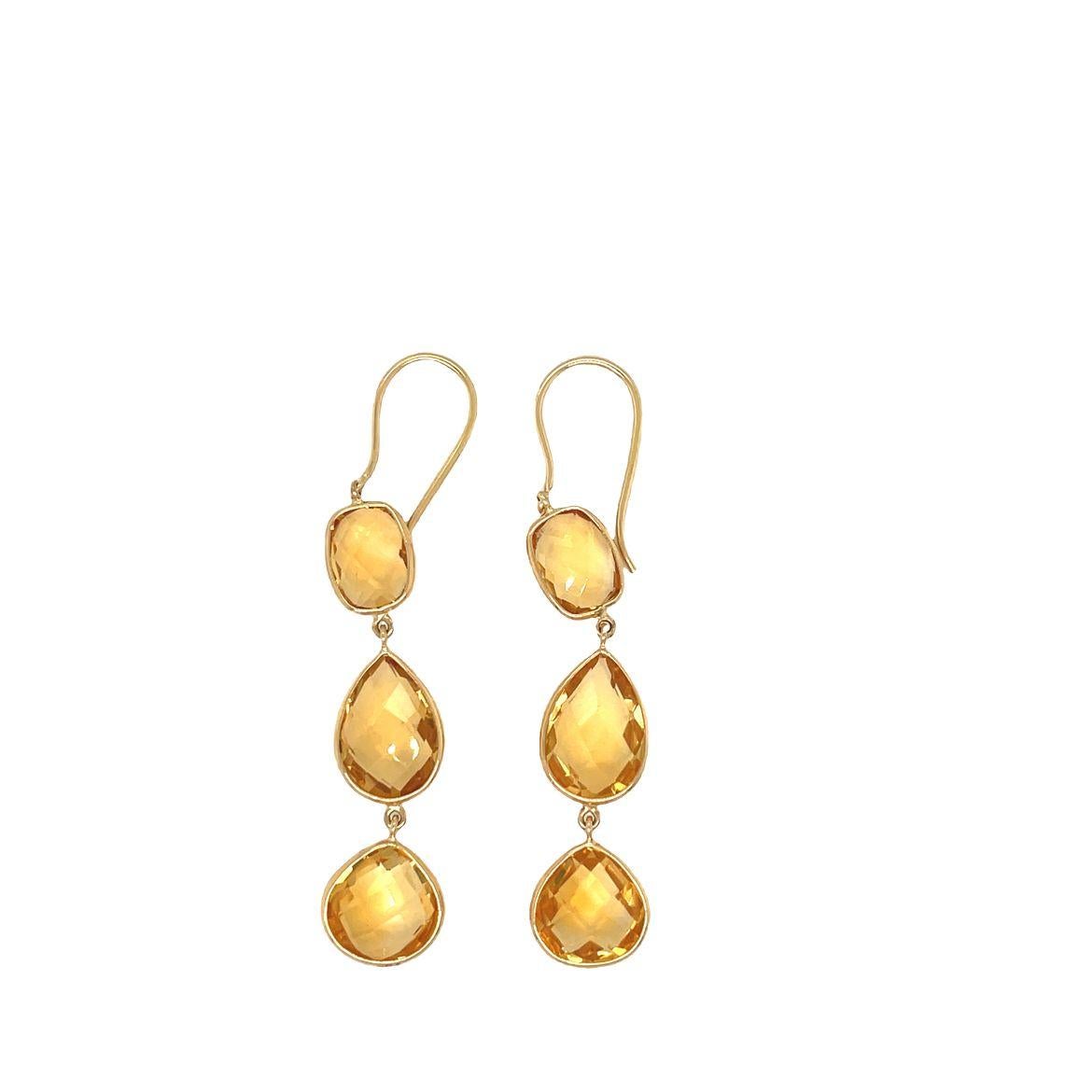 18k yellow gold orange moonstone triple drop dangle earrings