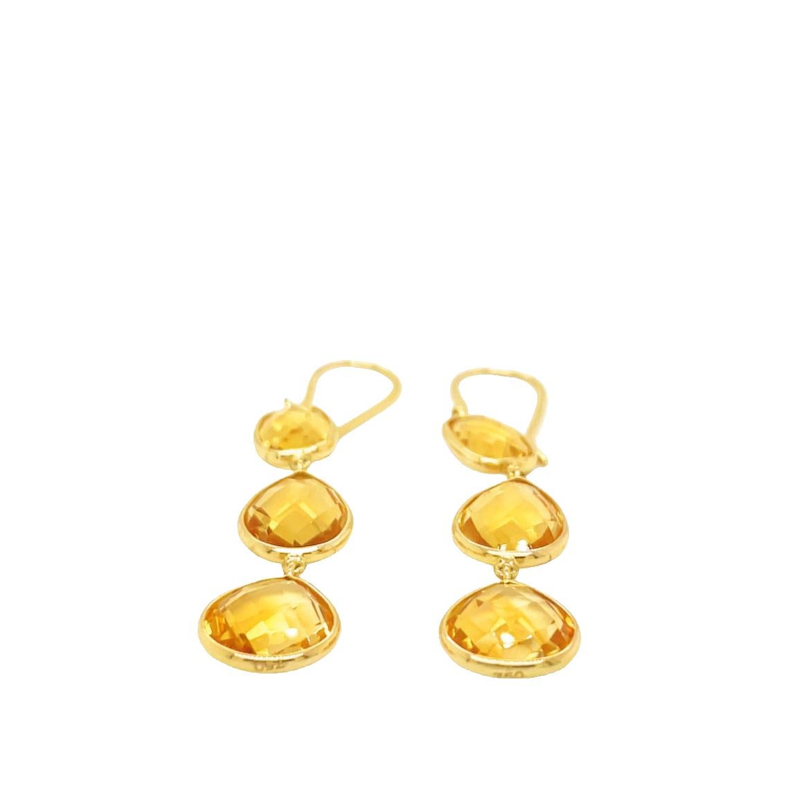 Artisan Nari Fine Jewels Citrine Handcrafted Triple Dangle Earring in 18k Yellow Gold For Sale