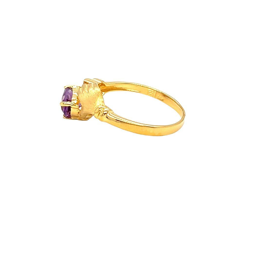 Artisan Nari Fine Jewels Claddagh Ring Heart Amethyst and Diamond 14K Yellow Gold Ring  For Sale