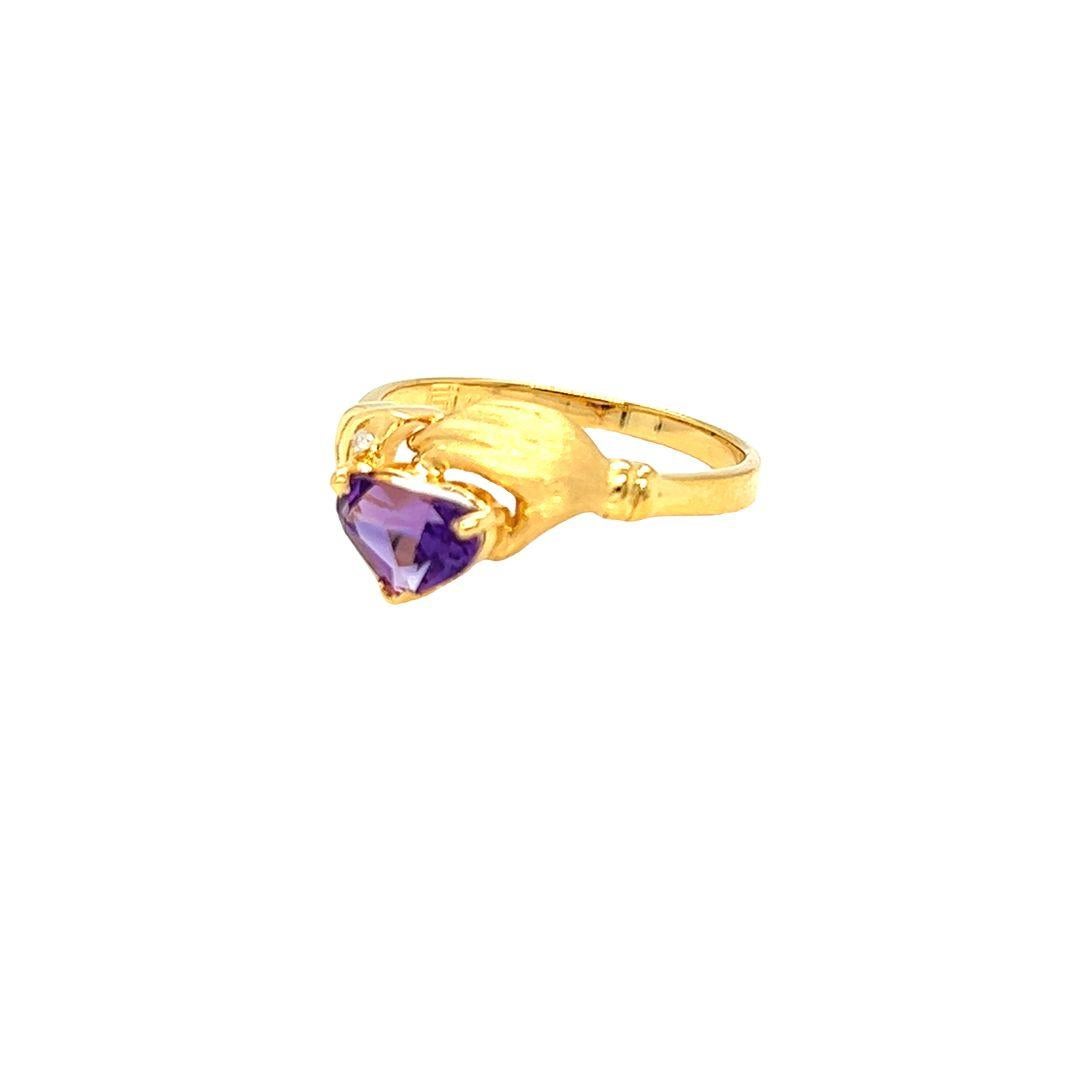 Heart Cut Nari Fine Jewels Claddagh Ring Heart Amethyst and Diamond 14K Yellow Gold Ring  For Sale