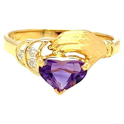 Nari Fine Jewels Claddagh Ring Heart Amethyst and Diamond 14K Yellow Gold Ring  For Sale