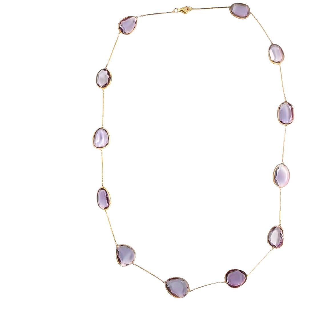 Oval Cut Nari Fine Jewels Handcrafted Amethyst Multi Shape Station Necklace in 18k Yellow For Sale