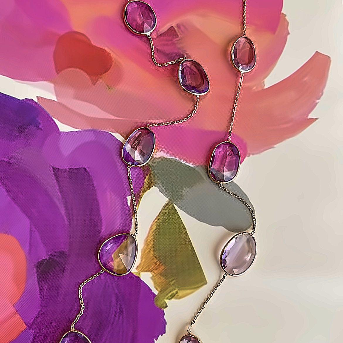 Donna Nari Fine Jewels Collana a stazioni con ametista a forma multipla realizzata a mano in giallo 14 carati in vendita