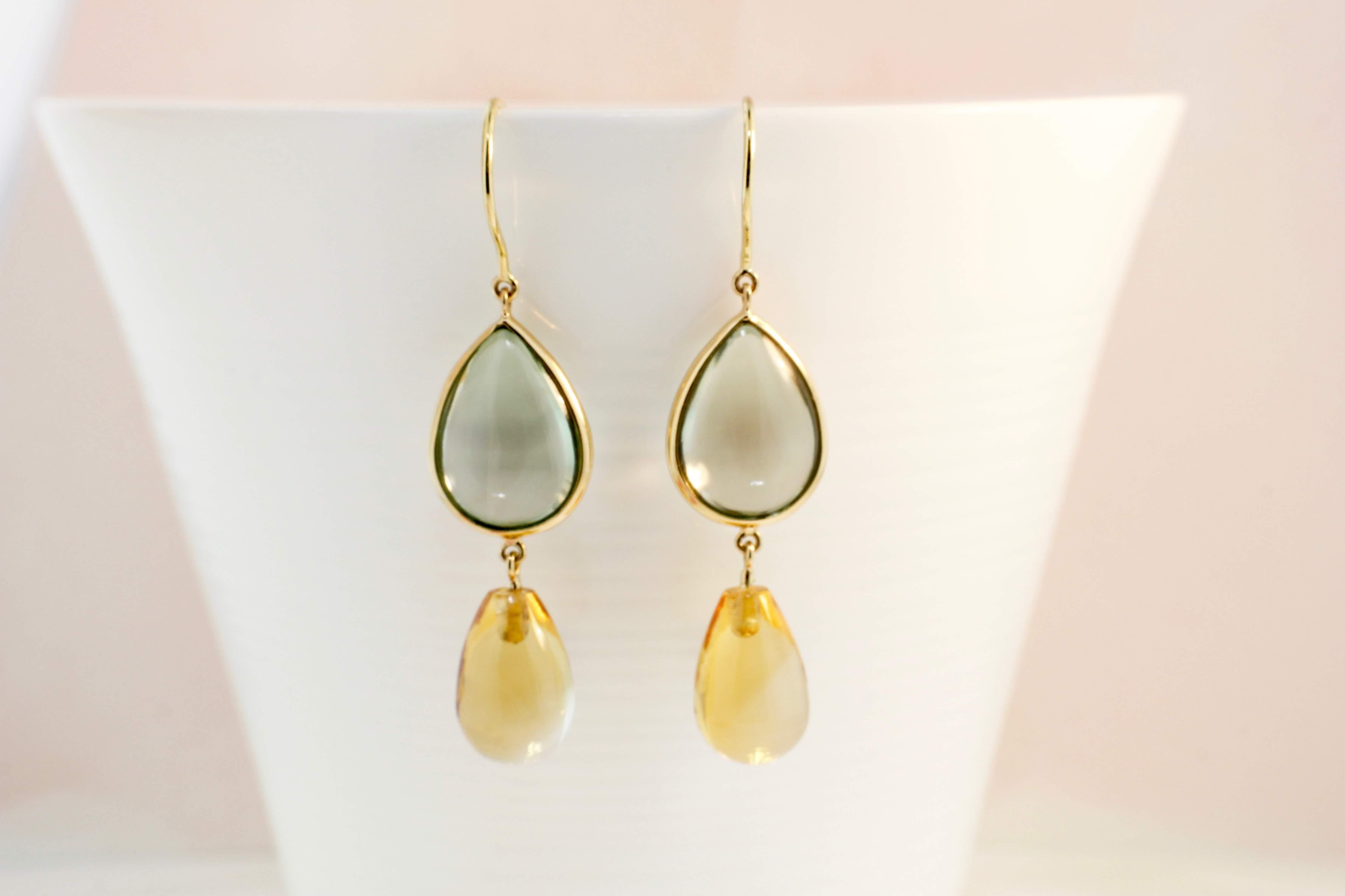 Gorgeous pastel colors of this pair are just perfect to sweet up your style. At the highest point of each earring, you'll find a bezel-set cabochon cut blue topaz, delicately holding a smooth briolette drop of citrine. The gems have been expertly