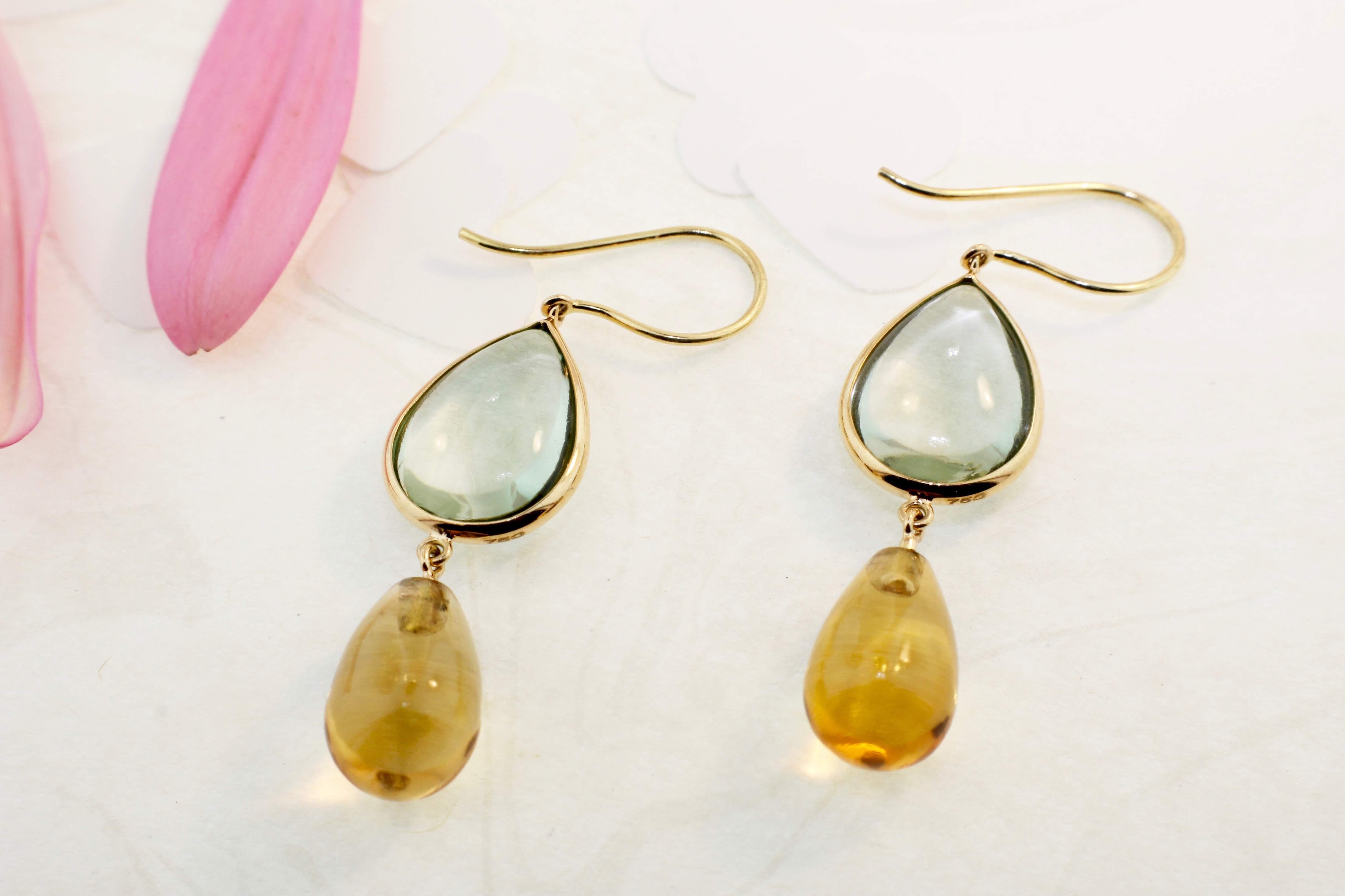 Cabochon Nari Fine Jewels Handcrafted Dangle Earrings with Blue Topaz and Citrine in 18k For Sale