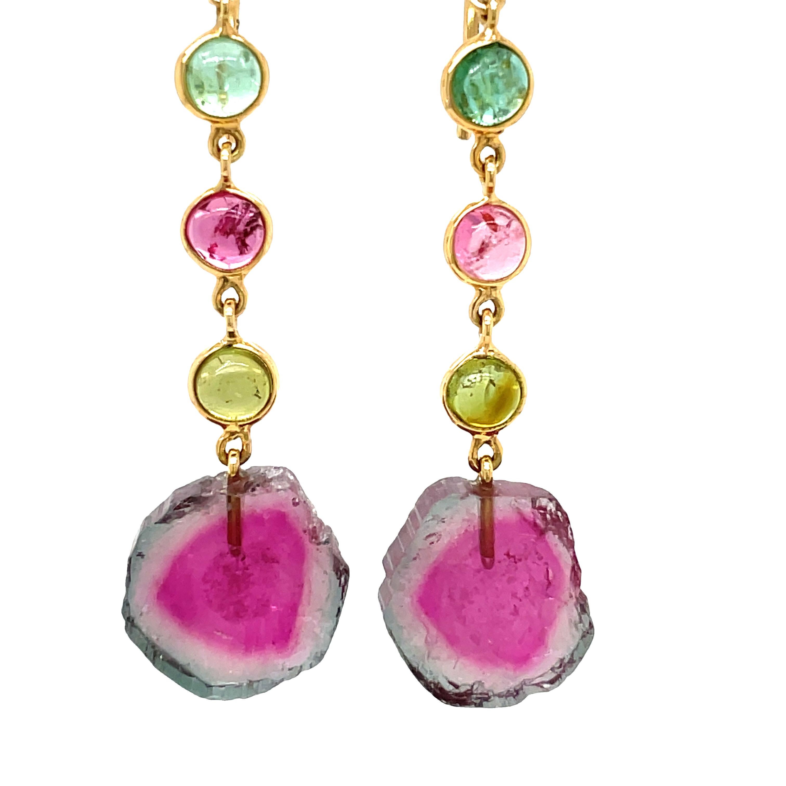 The rich and vibrant colors of the multi-color and Watermelon Tourmaline make for a truly mesmerizing piece of jewelry. Weighing in at a combined total weight of 2.19 carats. At the top of the earring, you'll find a trio of bezel-set multi-color