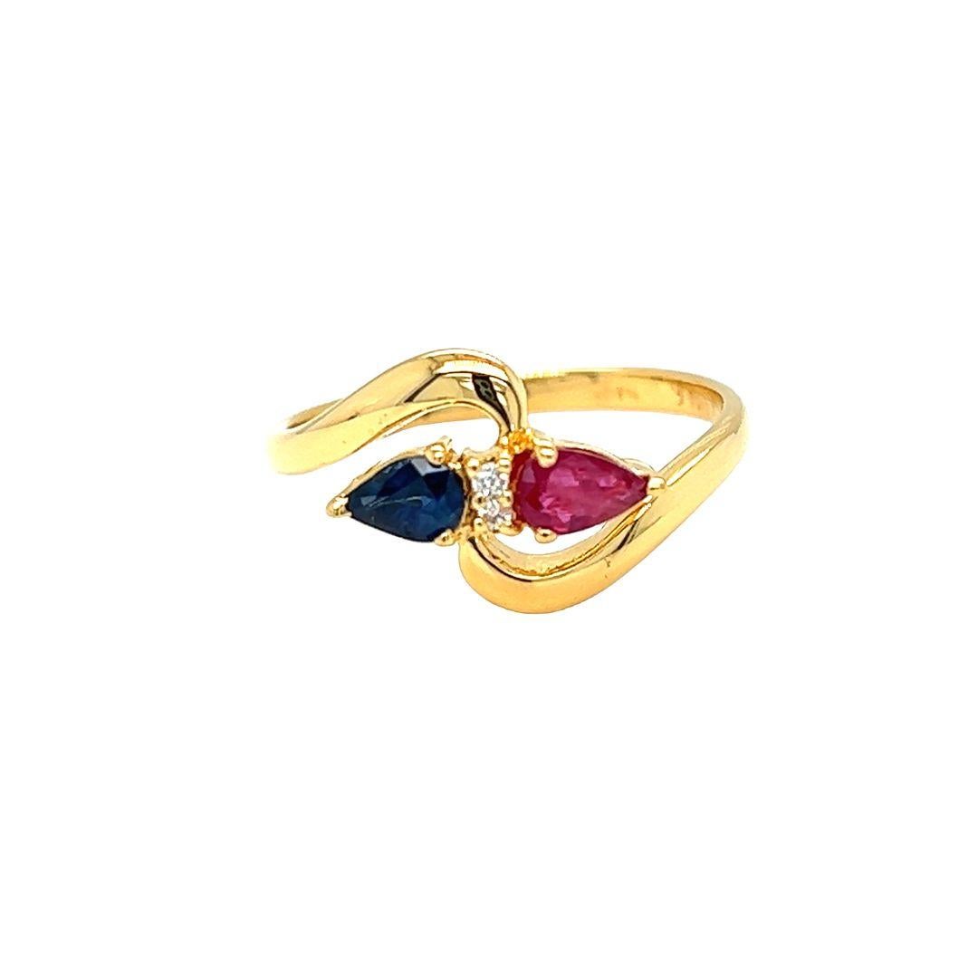 Pear Cut Nari Fine Jewels Ruby, Sapphire & Diamond Swirl Bypass Ring 14K Yellow Gold For Sale