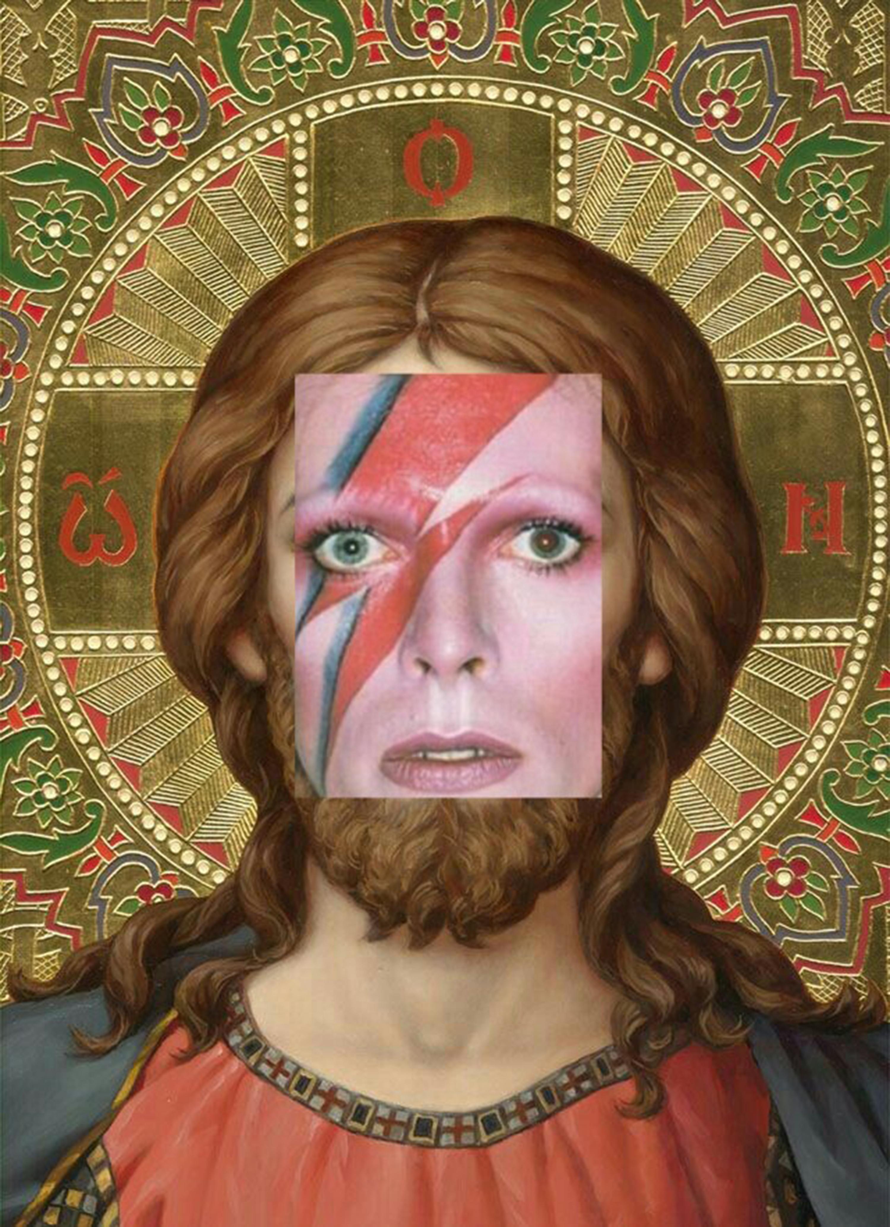 David Bowie + Byzantine Jesus Christ Digital collage print by Spanish artist Naro Pinosa, made famous in social media. Unique signed-by-artist piece. Authenticity certificated.
Print on photography papper. Glass and white lacquered wooden frame.