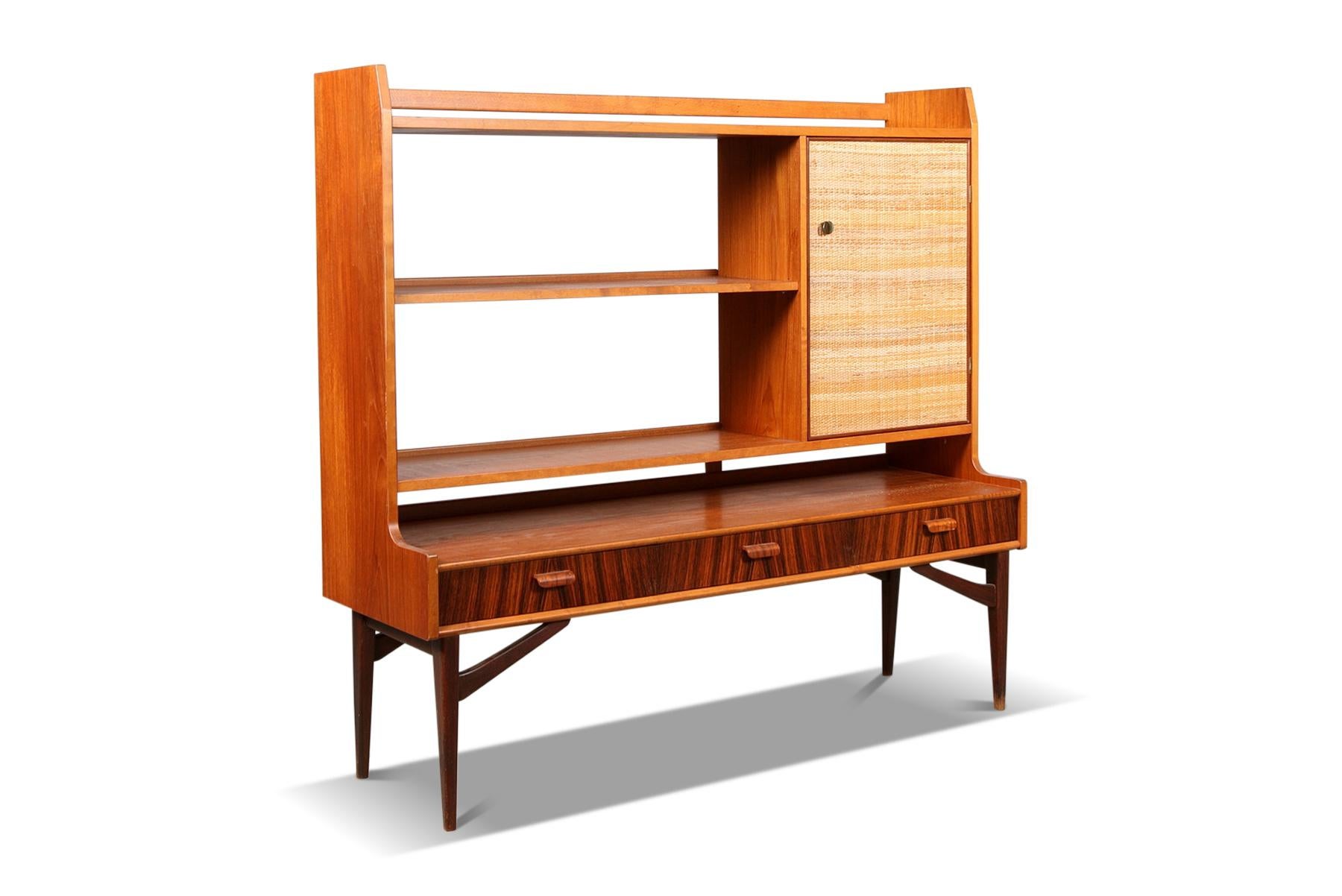 Danish Narrow 1950s Bookcase / Wall Unit in Teak, Jacaranda + Cane For Sale