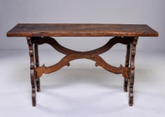 Narrow 19th C Spanish Baroque Mahogany Table with Lyre Shaped Legs
