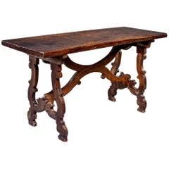 Narrow 19th C Spanish Baroque Mahogany Table with Lyre Shaped Legs
