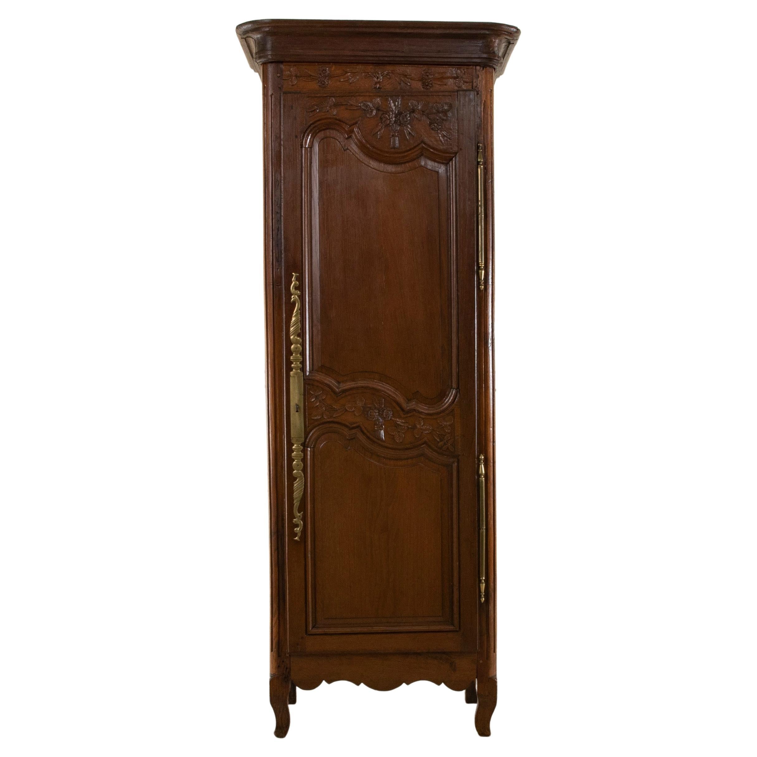 Narrow 19th Century French Hand Carved Oak Bonnetiere or Cabinet from Normandy