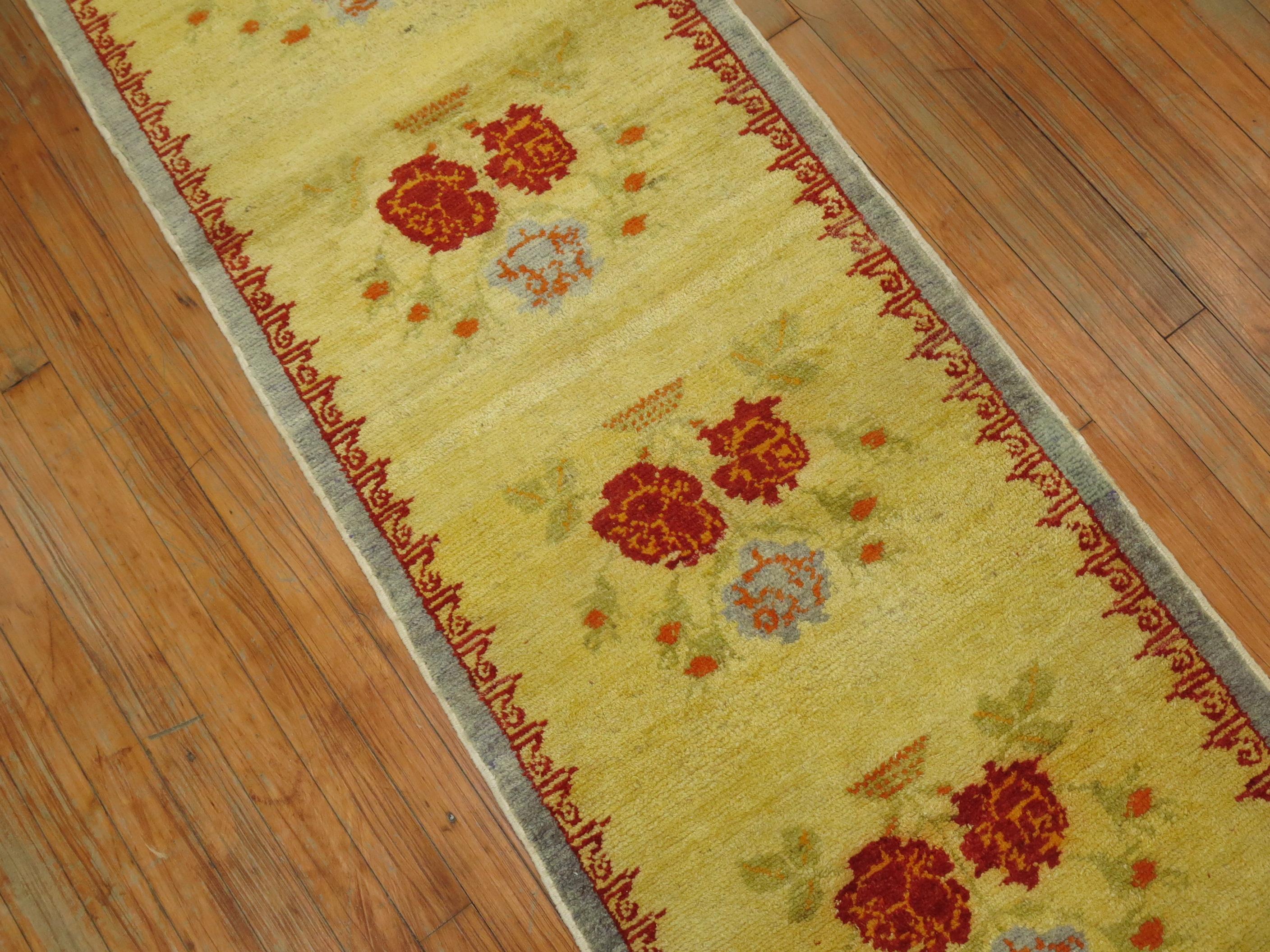 Narrow Anatolian Turkish Flower Runner in Bright Yellow In Good Condition In New York, NY