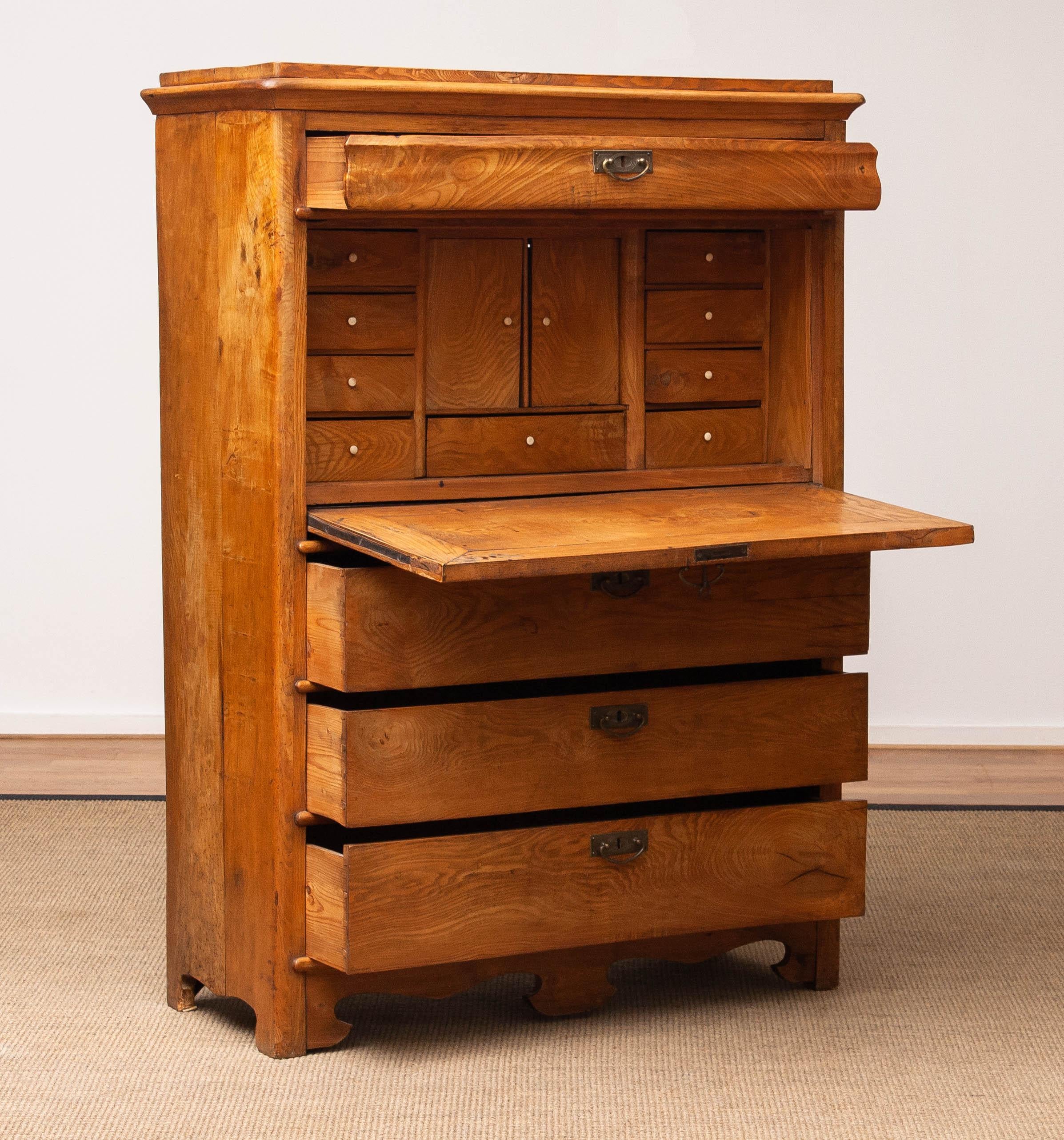 Narrow Antique Biedermeier Secretaire In Pine Sweden Late 19th Century 12