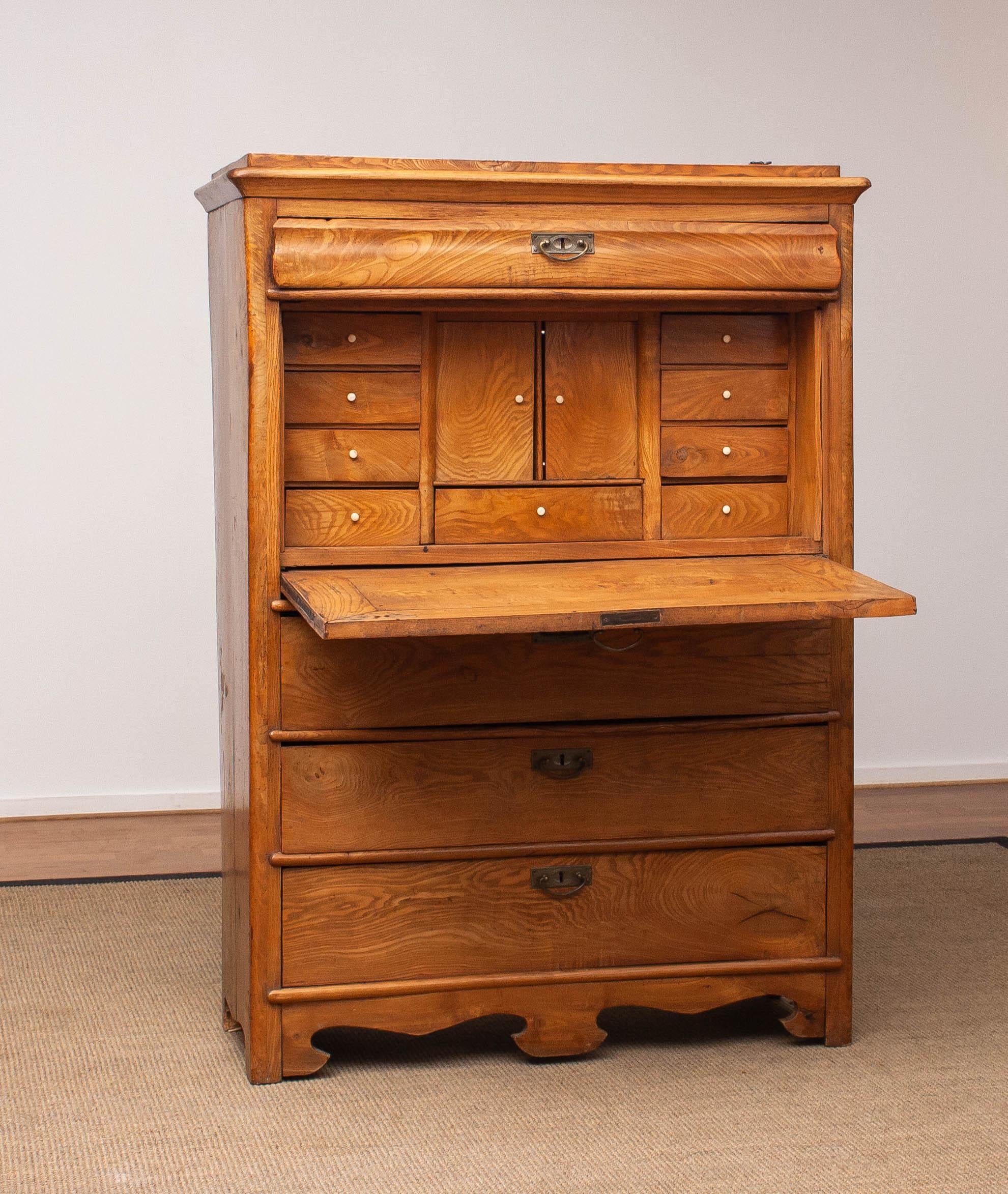 Swedish Narrow Antique Biedermeier Secretaire In Pine Sweden Late 19th Century