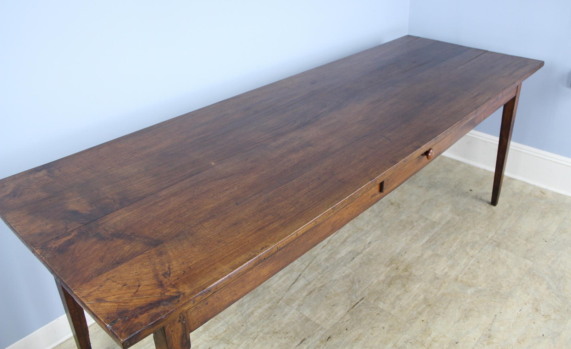 French Narrow Antique Farm Table with Chestnut Top and Oak Base