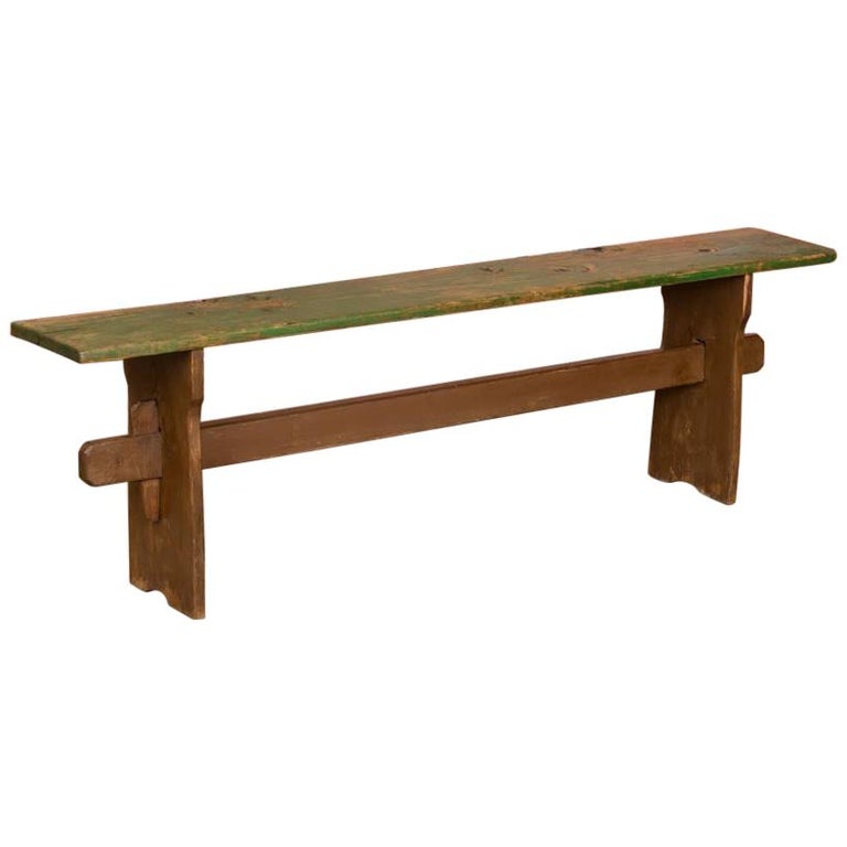Narrow Antique Green Painted Pine Bench For Sale at 1stdibs