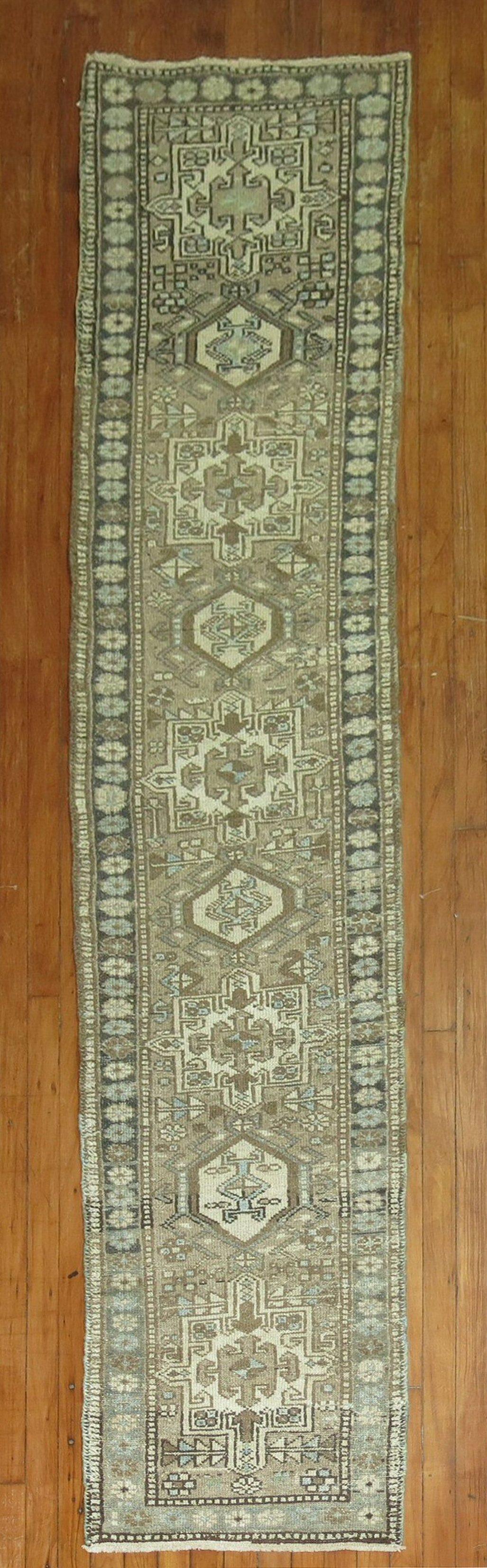 Rustic Narrow Antique Heriz Persian Runner in Slate Charcoal Brown Blue Accents For Sale