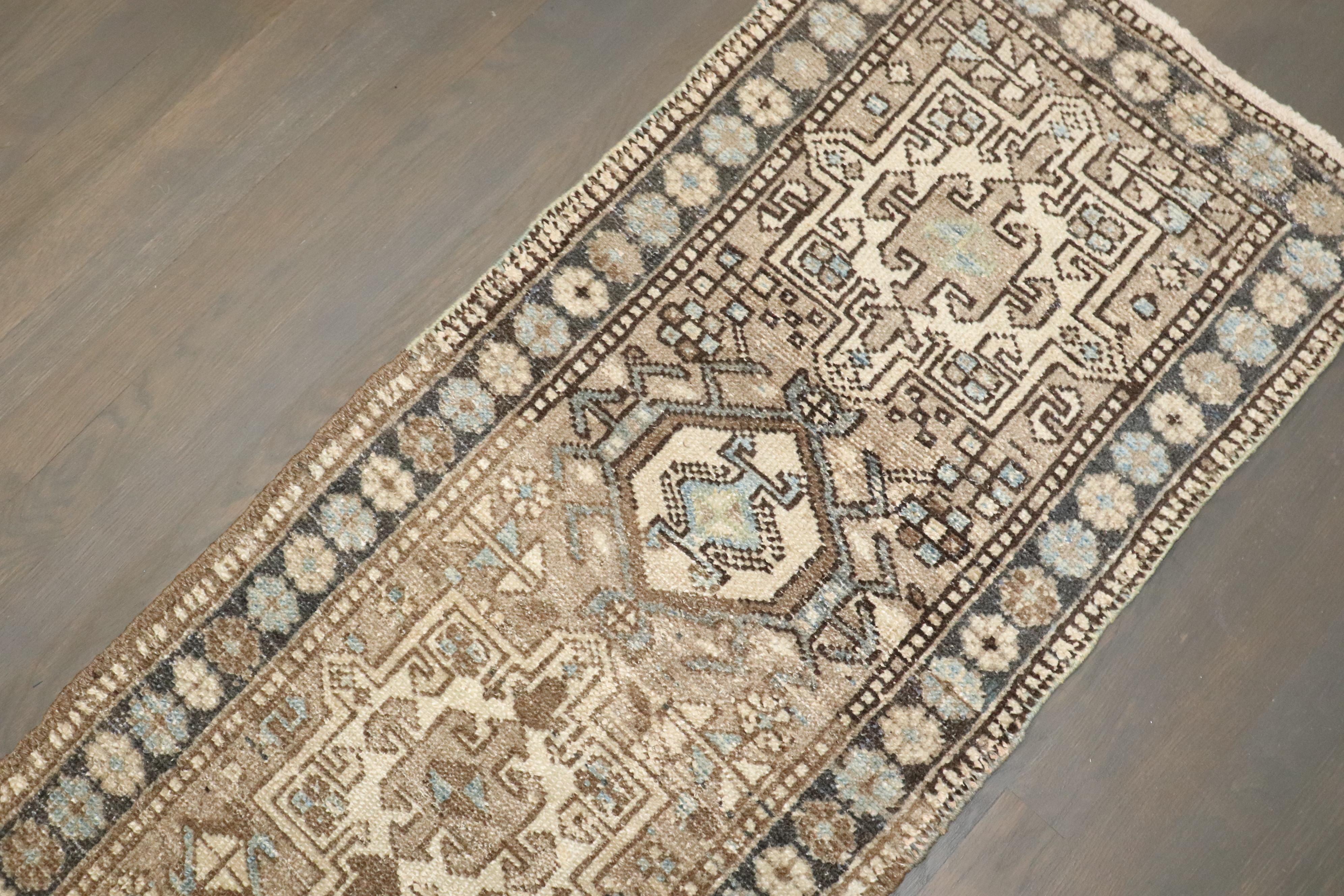Rustic Zabihi Collection Narrow Vintage Heriz Persian Runner For Sale