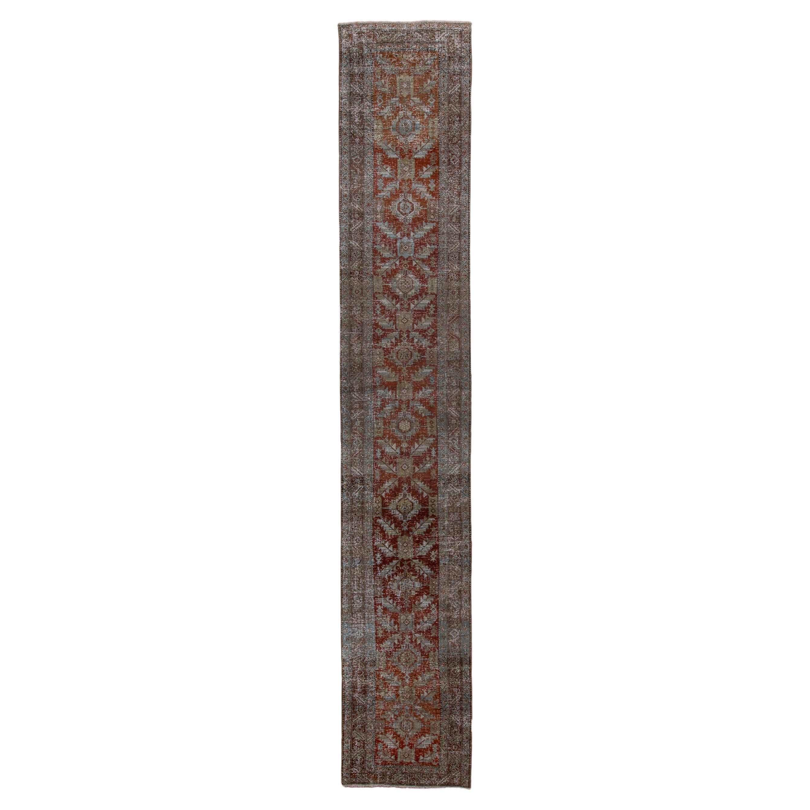 Narrow Antique Heriz Runner with Red Field  For Sale