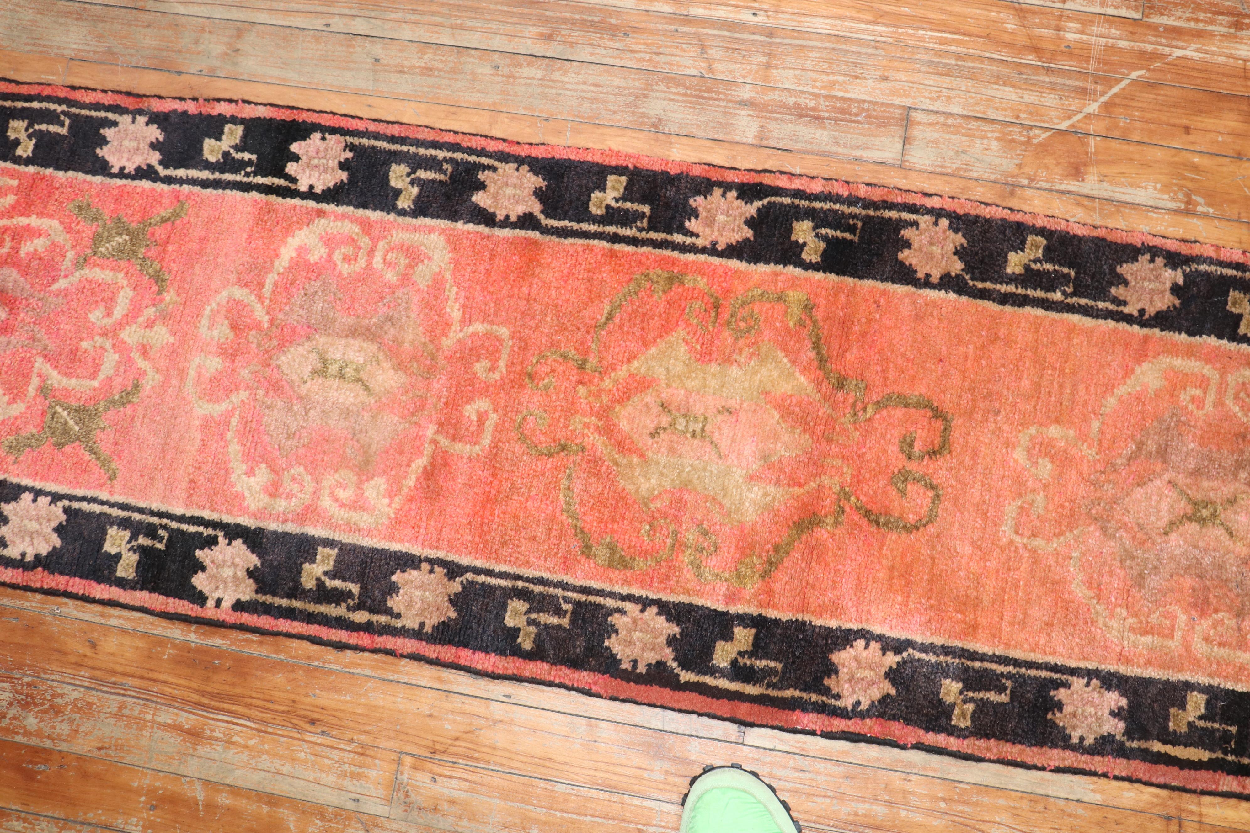 Narrow Antique Orange Tibetan Runner In Good Condition For Sale In New York, NY