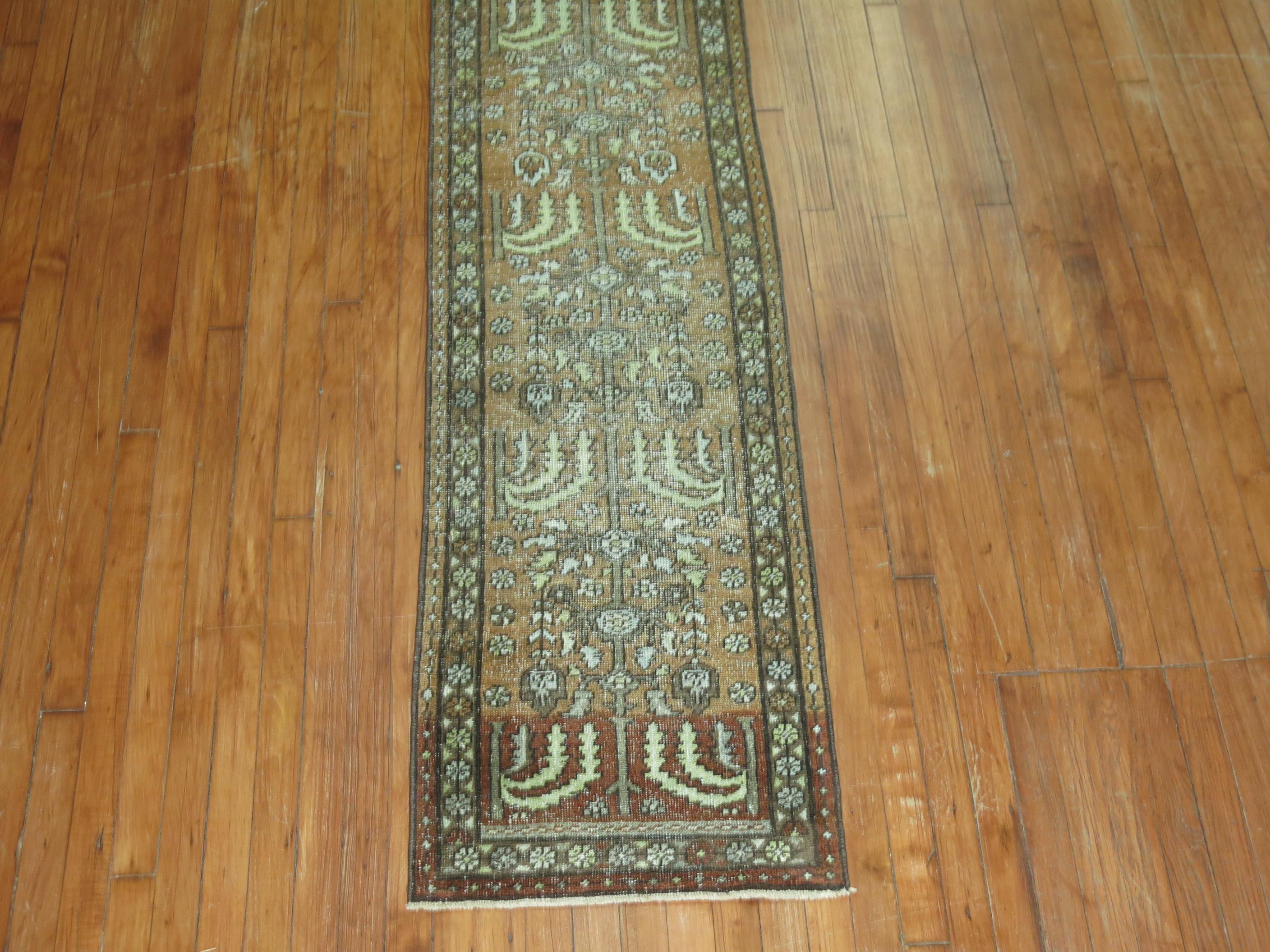 Hand-Knotted Narrow Antique Persian Heriz Brown Green Runner For Sale