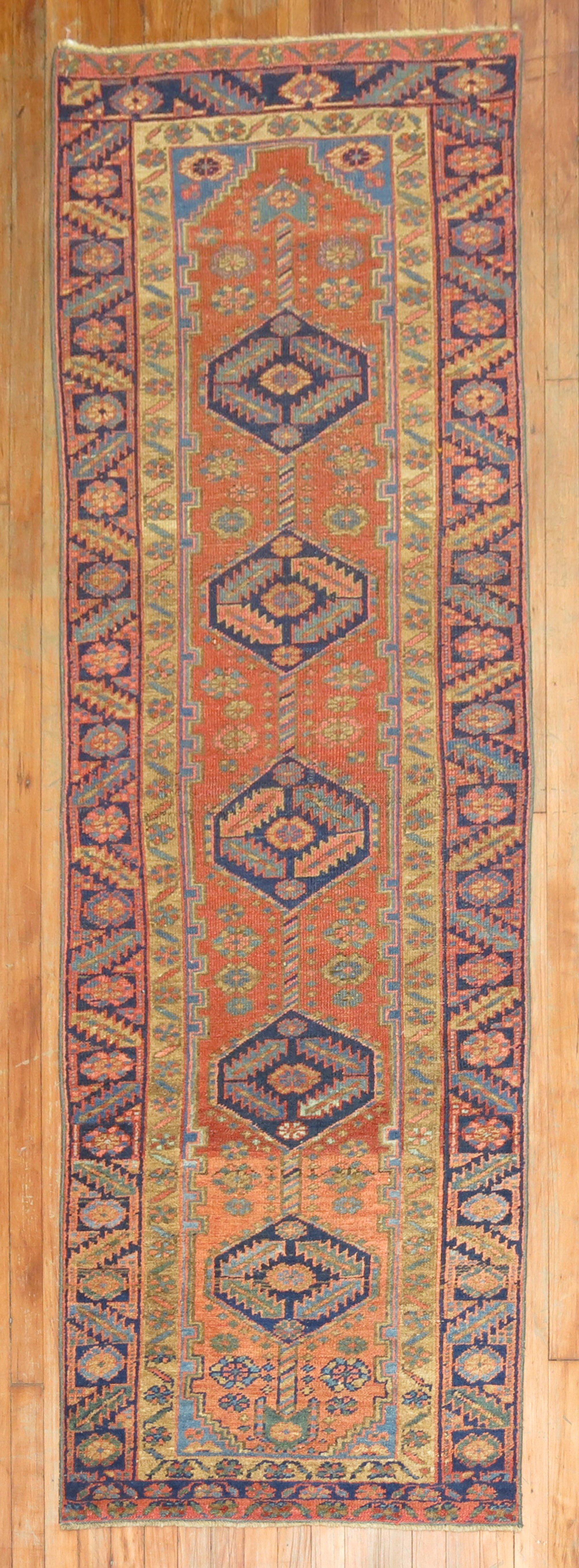 Hand-Knotted Narrow Antique Persian Heriz Runner For Sale