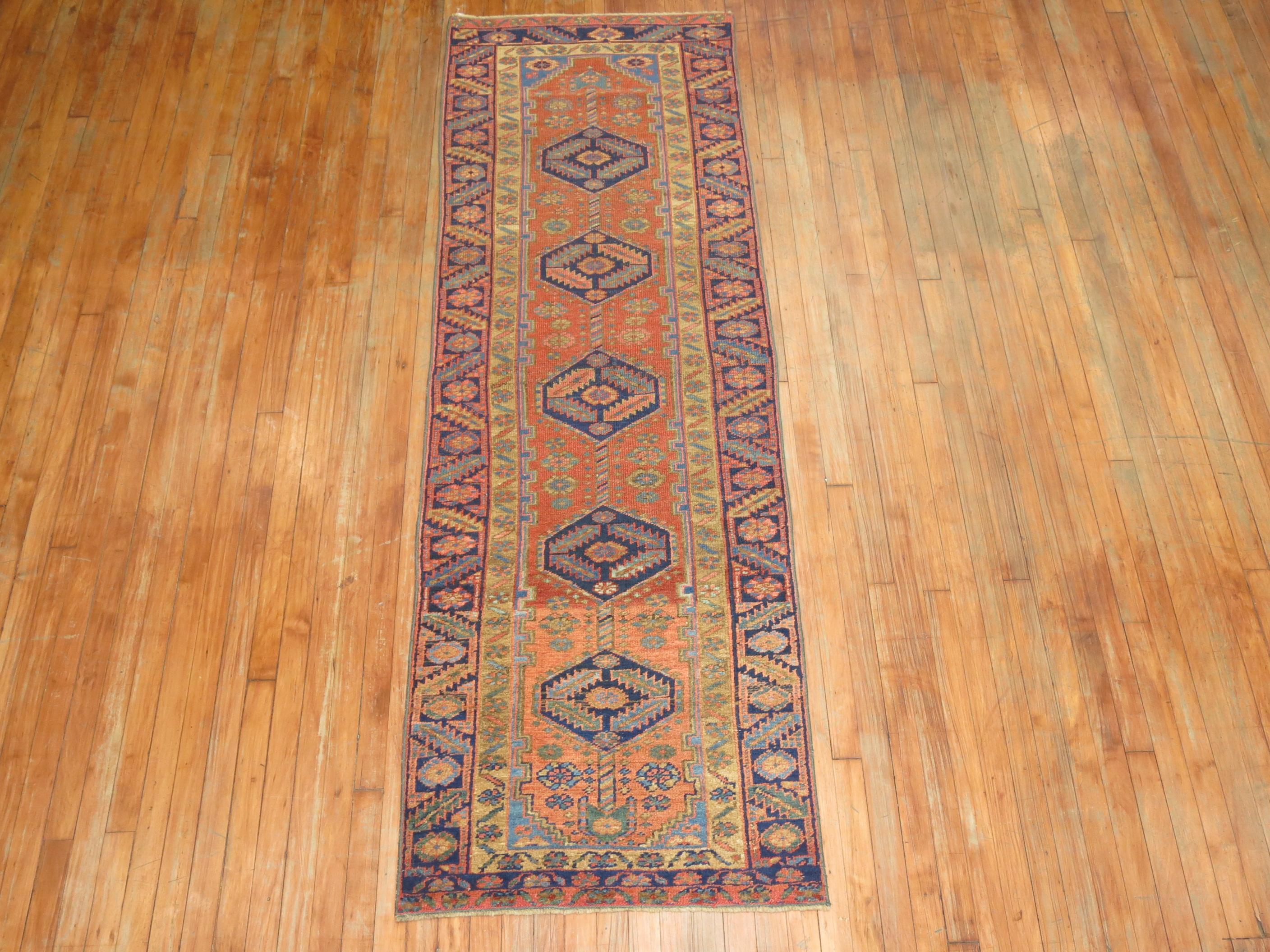 Narrow Antique Persian Heriz Runner In Excellent Condition For Sale In New York, NY
