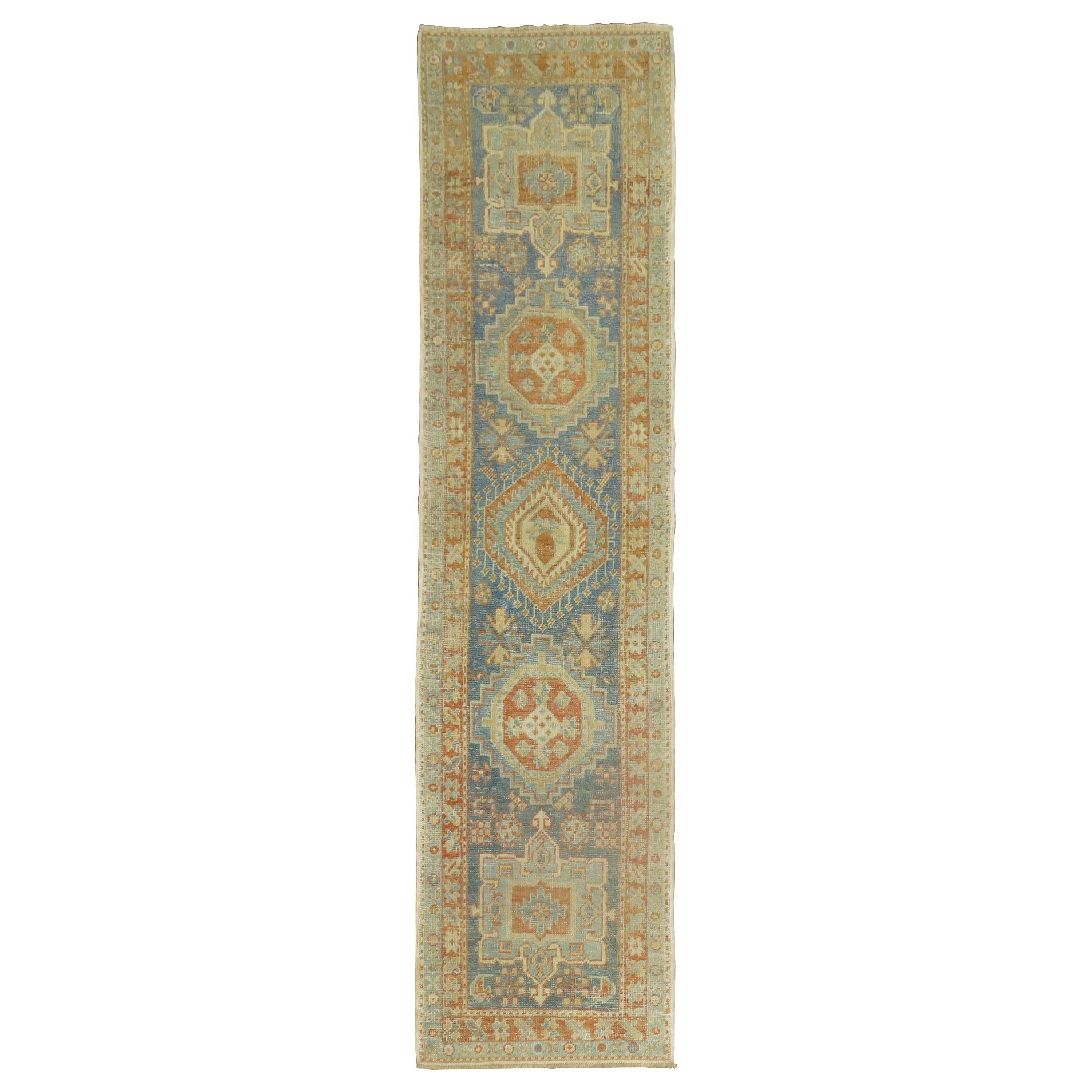 Narrow Antique Persian Heriz Runner in Blues and Orange