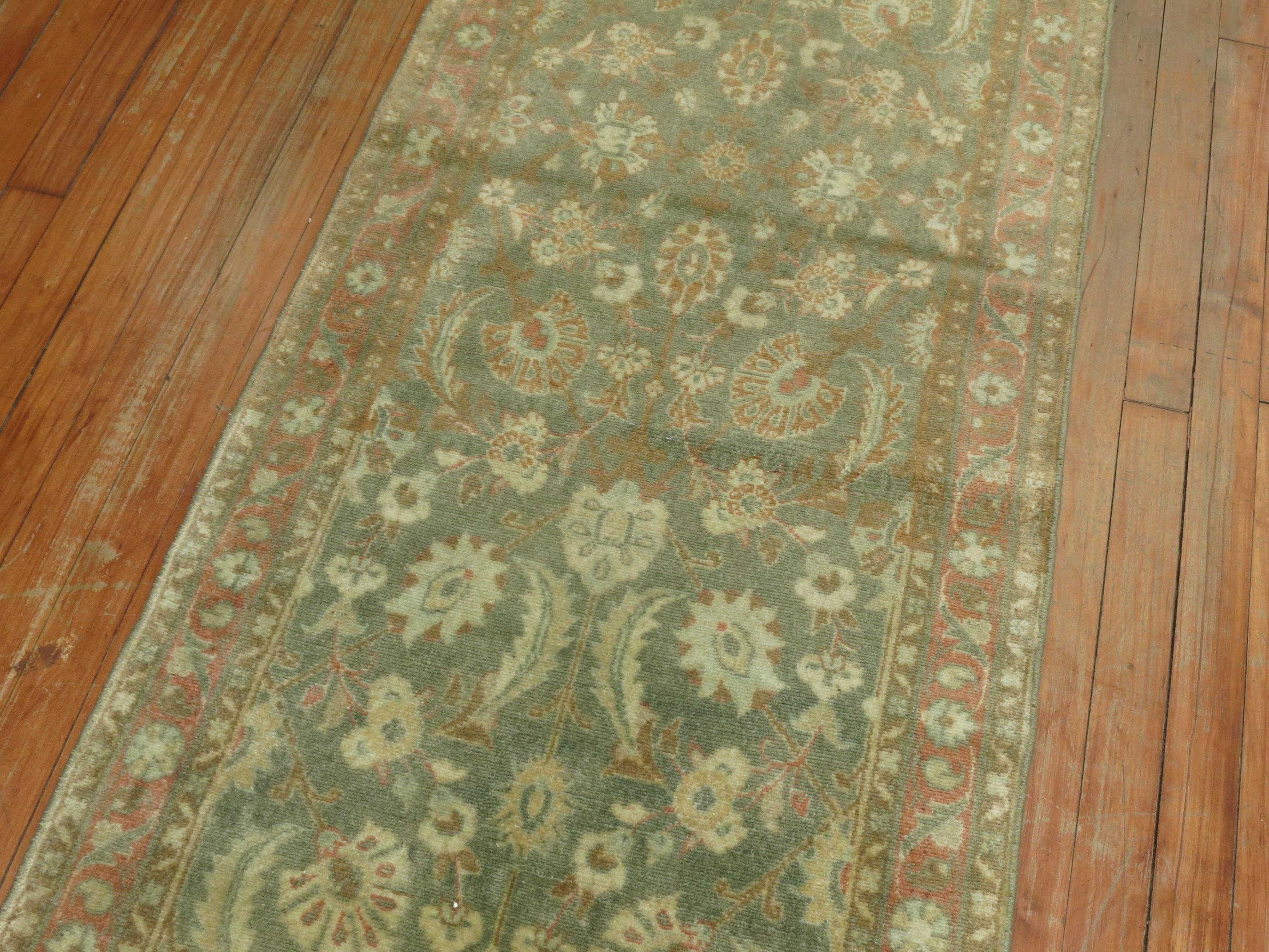 Hand-Knotted Zabihi Collection Narrow Antique Persian Tabriz Brown Green Runner For Sale