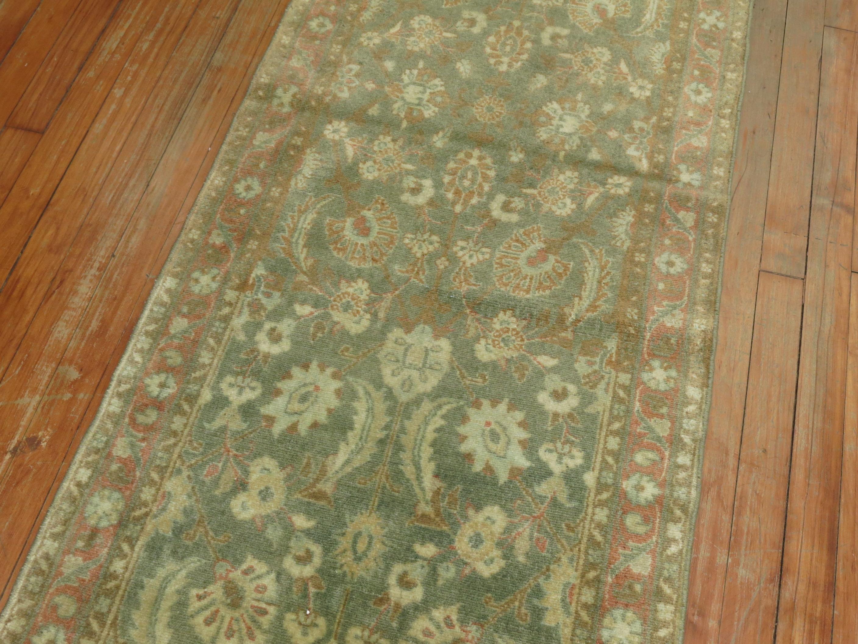 Hand-Knotted Narrow Antique Persian Tabriz Brown Green Runner For Sale