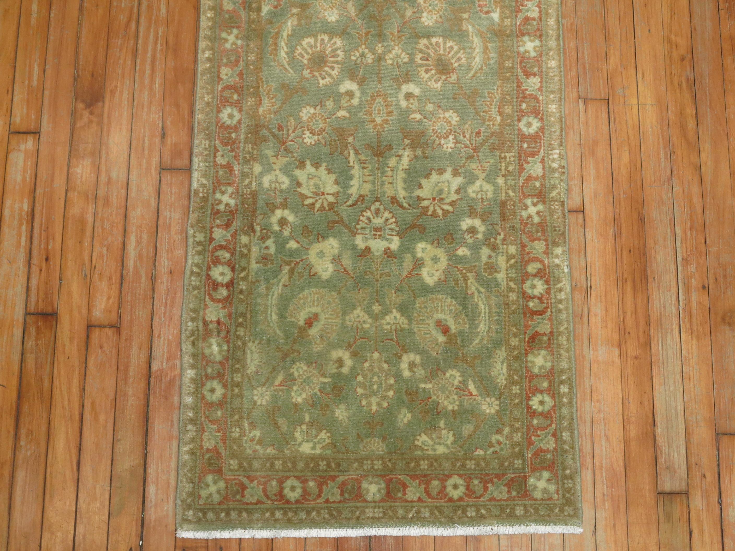 20th Century Narrow Antique Persian Tabriz Brown Green Runner For Sale