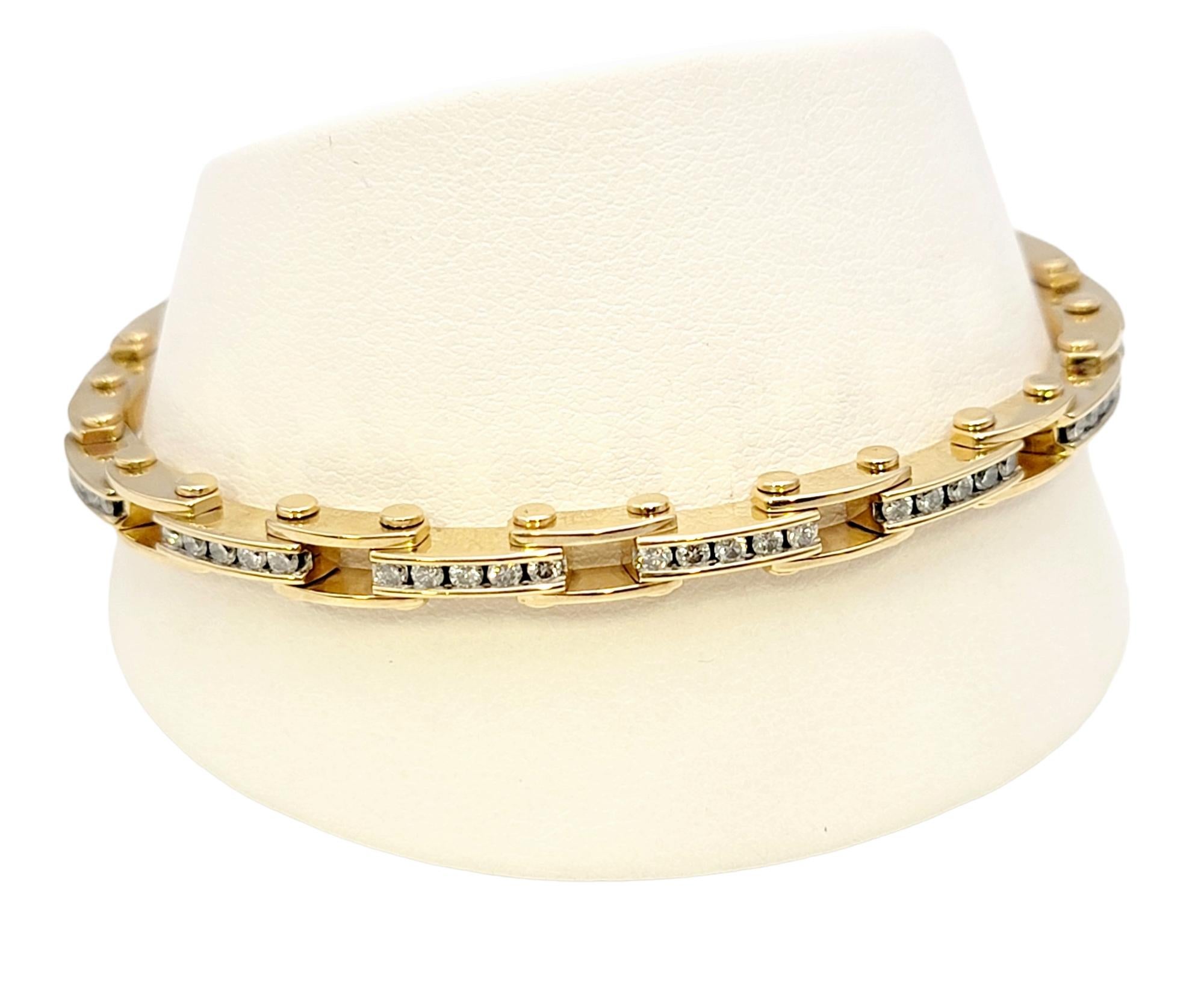 Narrow Bike Chain Style Link Bracelet with Diamonds in 14 Karat Yellow Gold For Sale 5