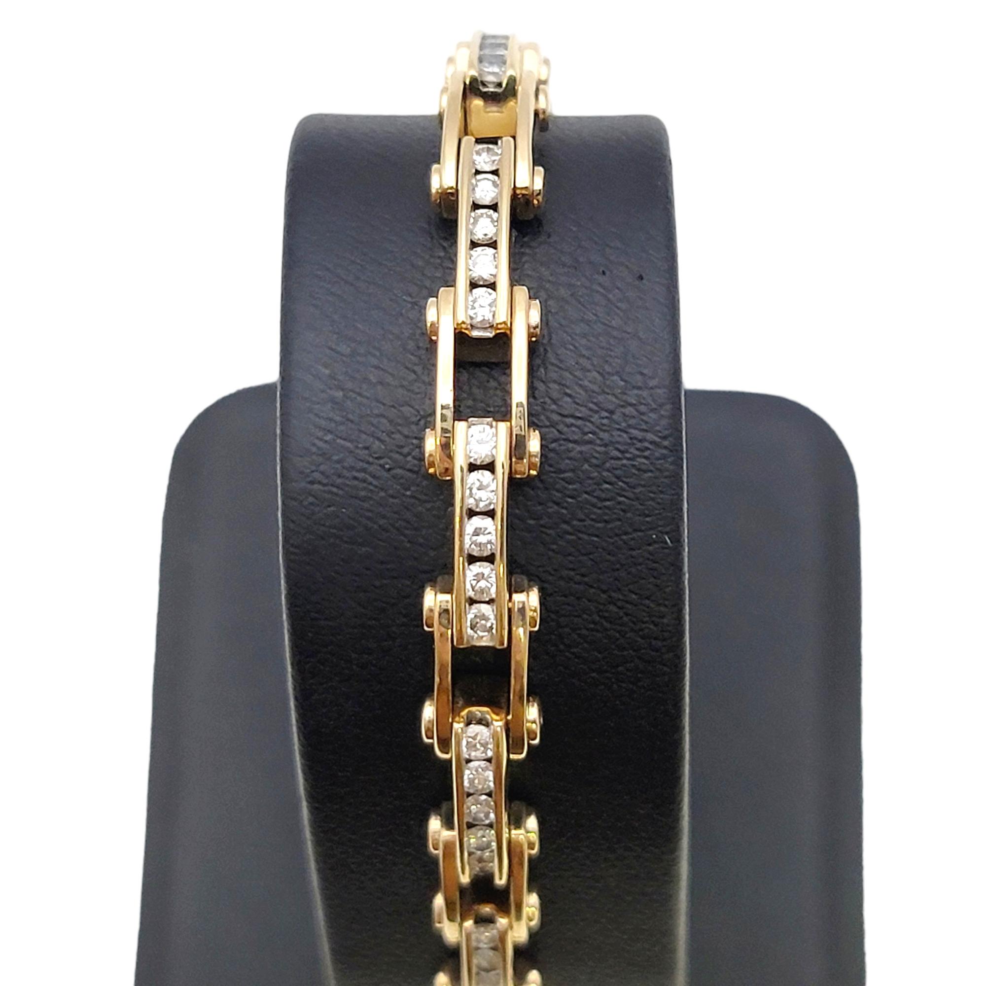 Narrow Bike Chain Style Link Bracelet with Diamonds in 14 Karat Yellow Gold For Sale 6