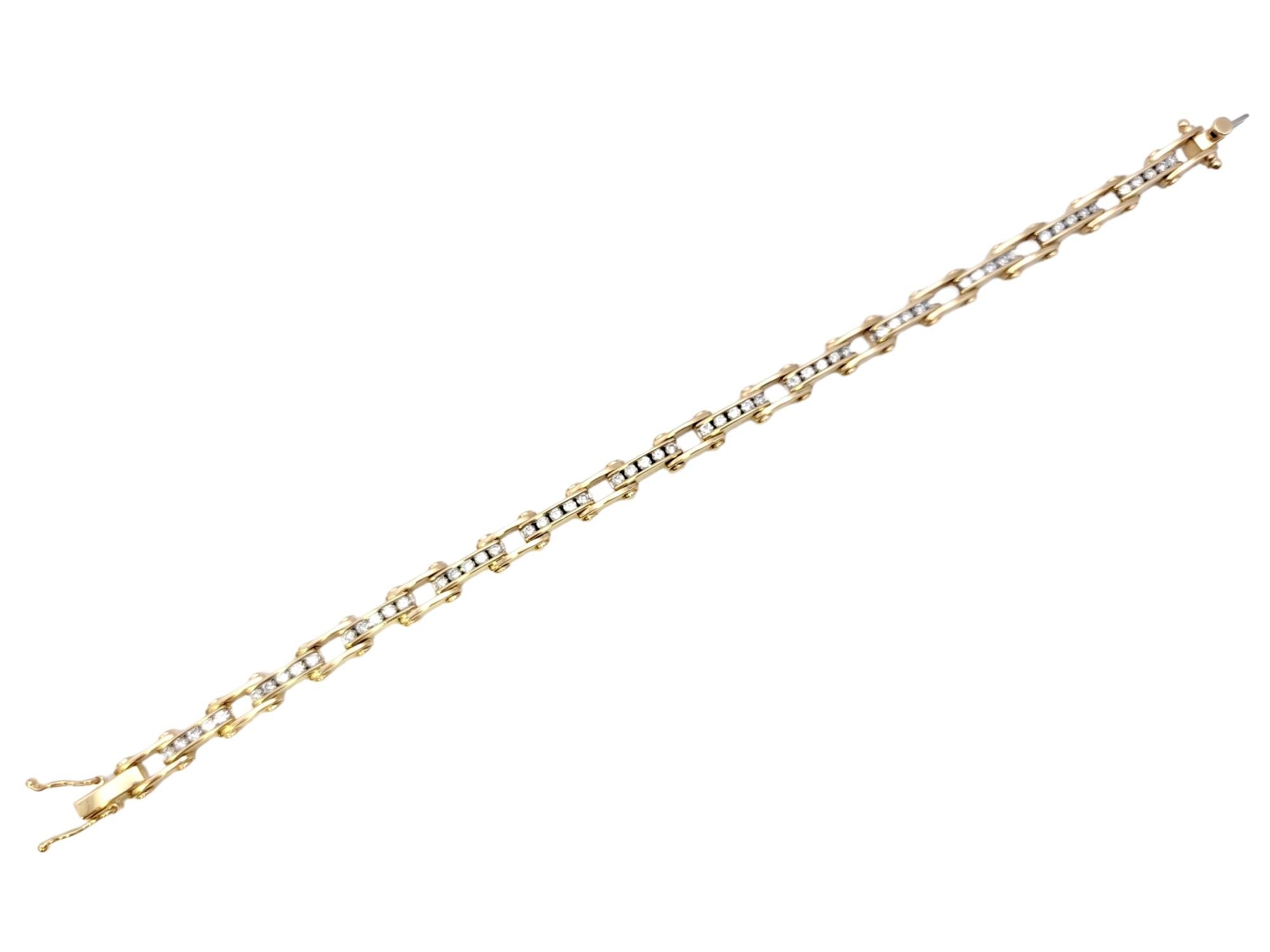 Contemporary Narrow Bike Chain Style Link Bracelet with Diamonds in 14 Karat Yellow Gold For Sale