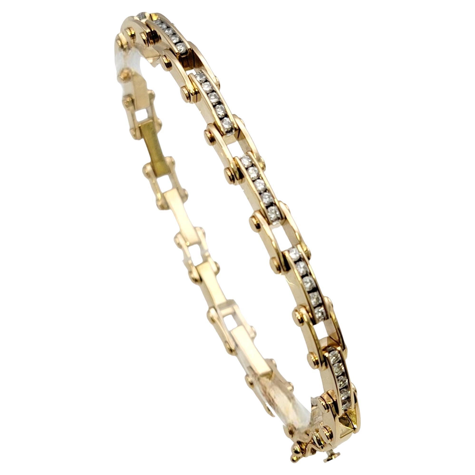 Narrow Bike Chain Style Link Bracelet with Diamonds in 14 Karat Yellow Gold For Sale