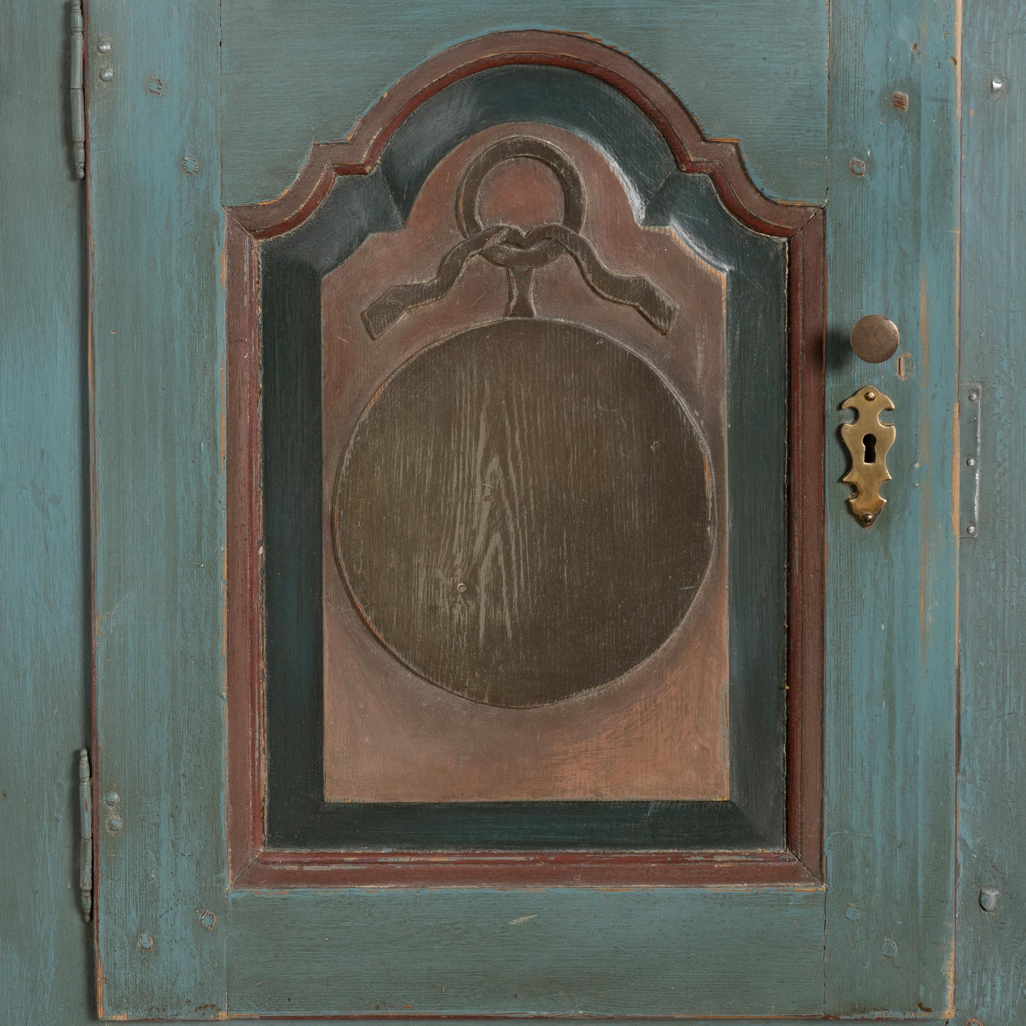 Narrow Blue Corner Cupboard with Three Cabinet Doors, Denmark circa 1820-40 4