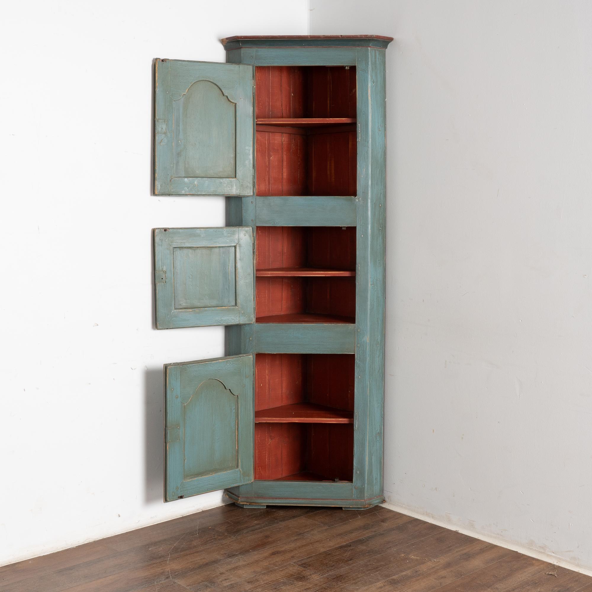 Country Narrow Blue Corner Cupboard with Three Cabinet Doors, Denmark circa 1820-40