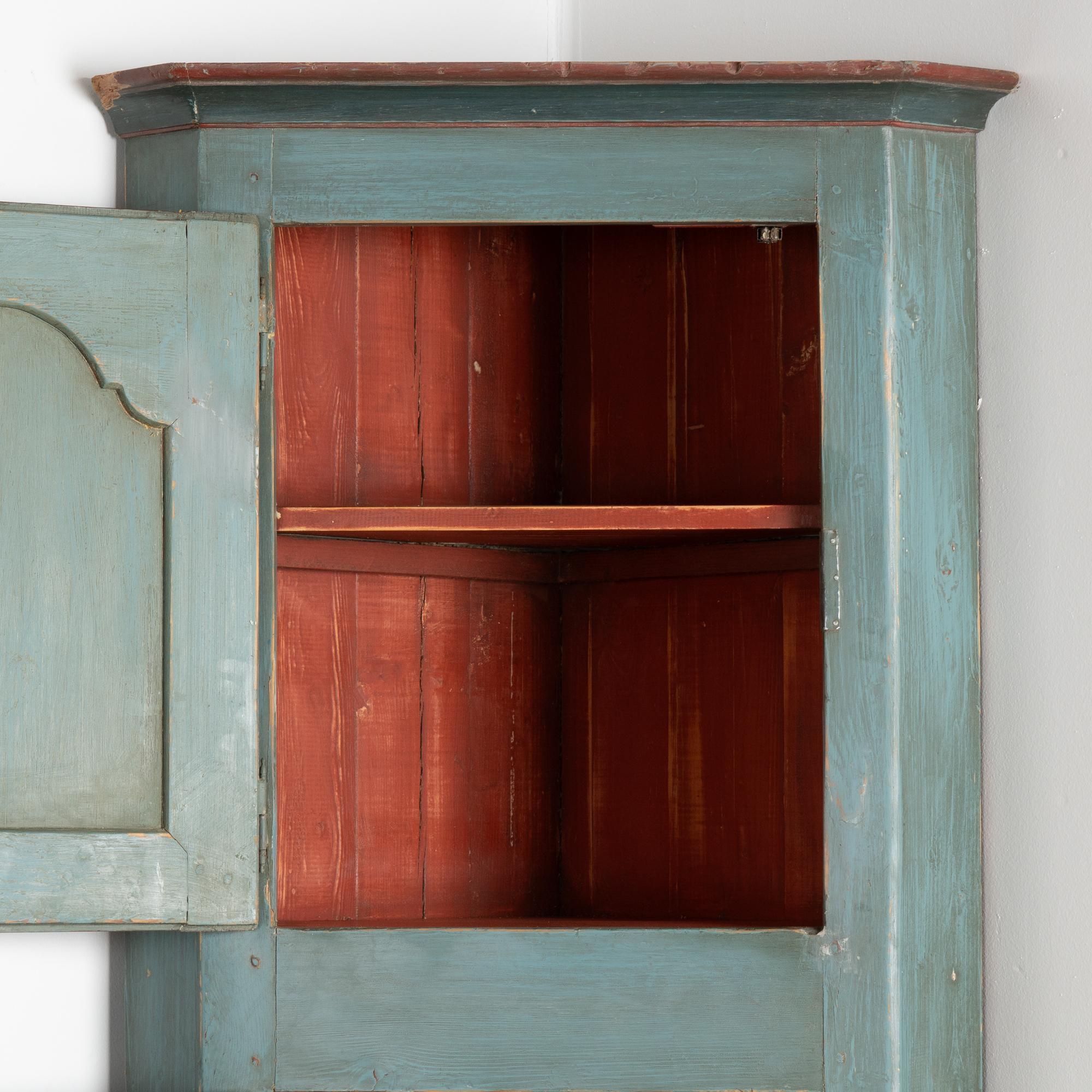 Danish Narrow Blue Corner Cupboard with Three Cabinet Doors, Denmark circa 1820-40