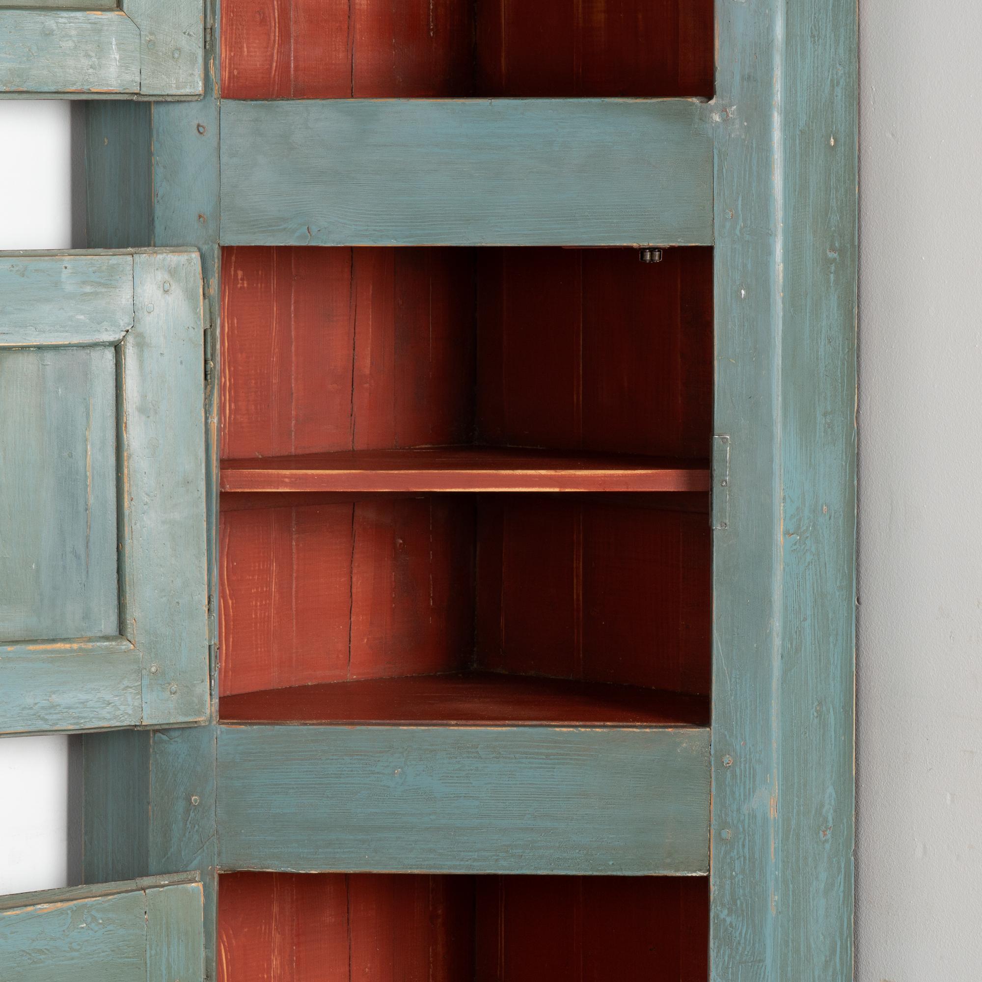 Narrow Blue Corner Cupboard with Three Cabinet Doors, Denmark circa 1820-40 In Good Condition In Round Top, TX