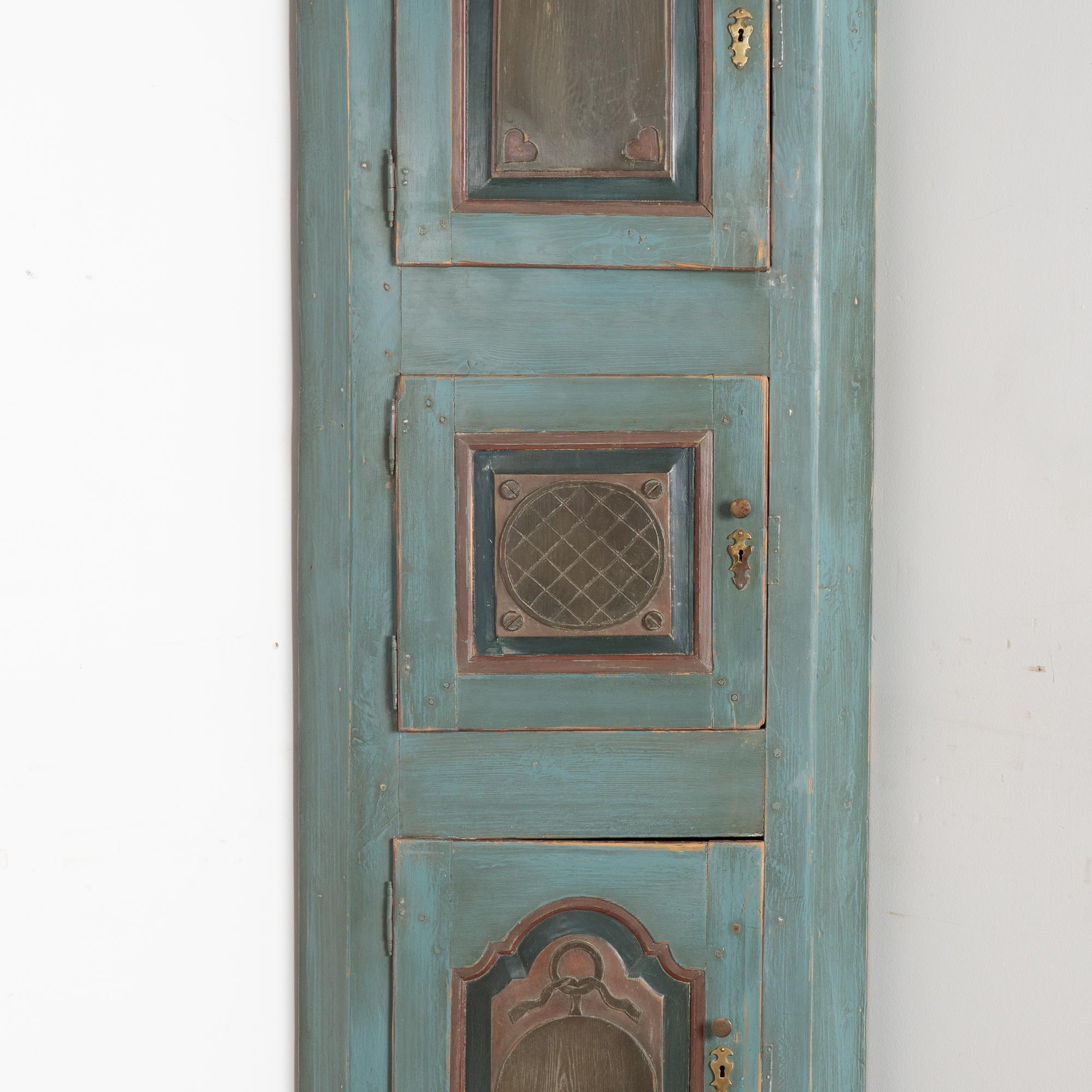 Narrow Blue Corner Cupboard with Three Cabinet Doors, Denmark circa 1820-40 1