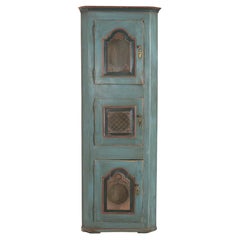 Narrow Blue Corner Cupboard with Three Cabinet Doors, Denmark circa 1820-40