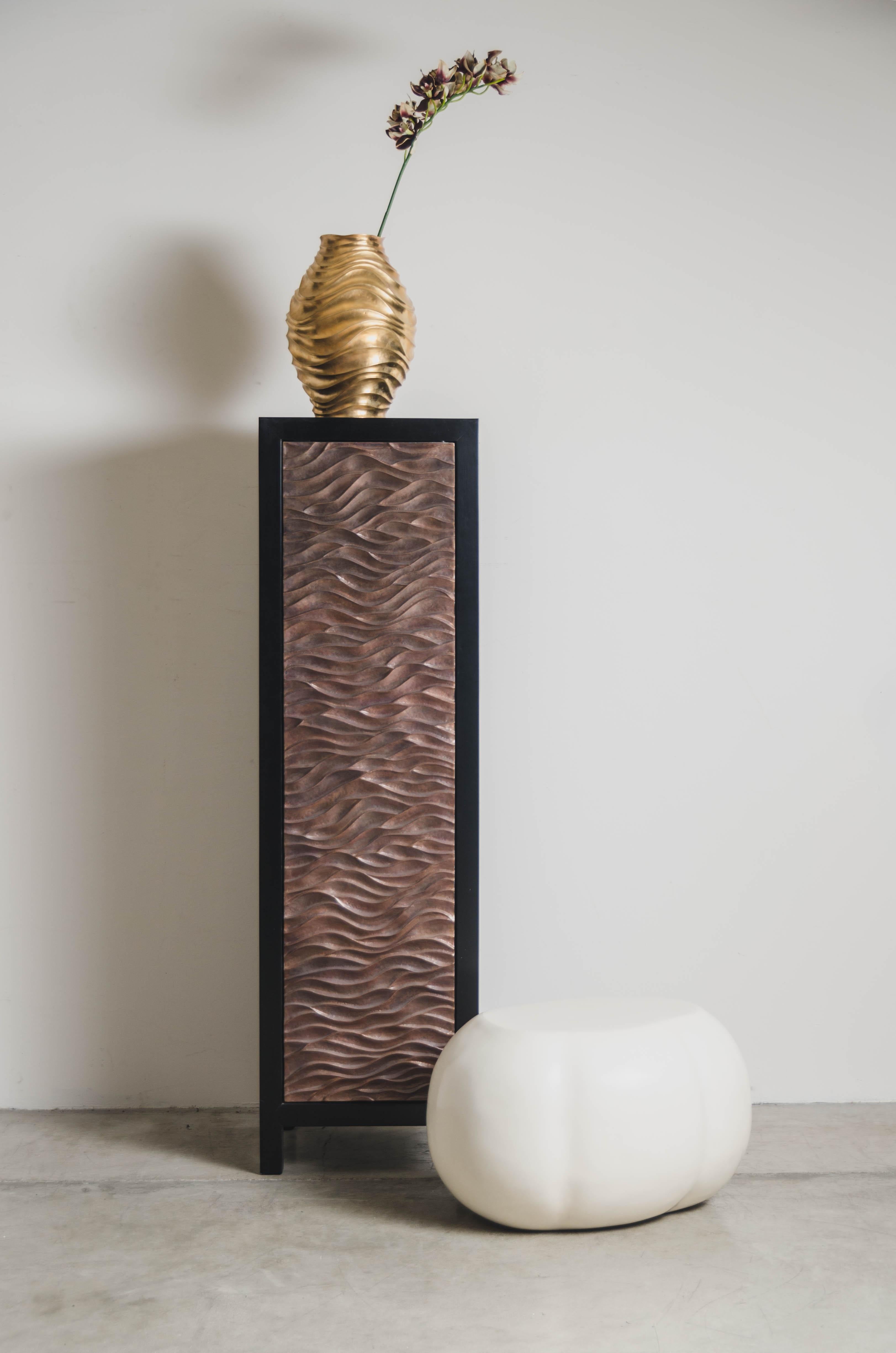 Repoussé Narrow Cabinet with Gobi Design Single Door by Robert Kuo, Limited Edition For Sale