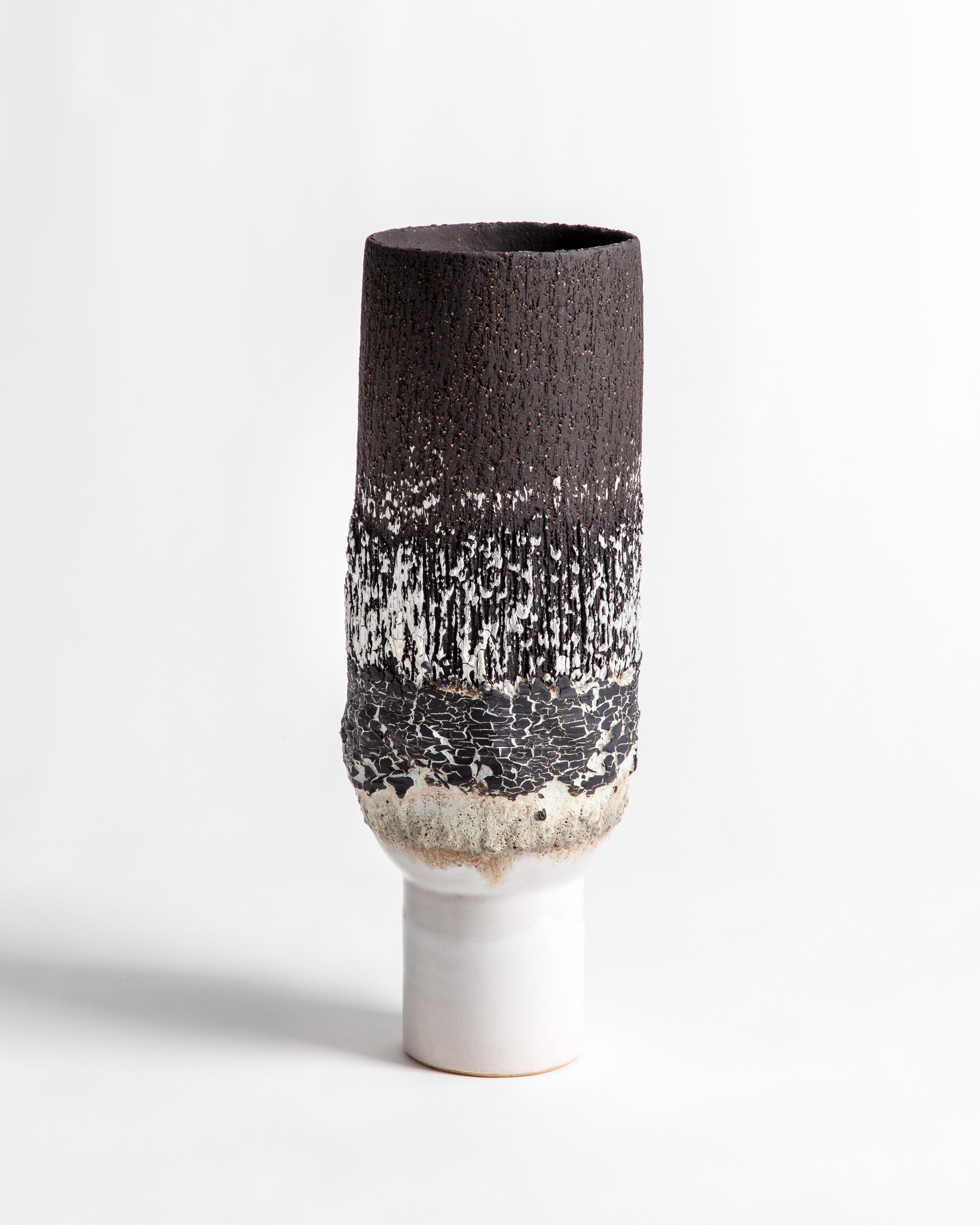 Glazed Narrow Ceramic and Black Cracked Porcelain Volcanic Pedestal Vase For Sale