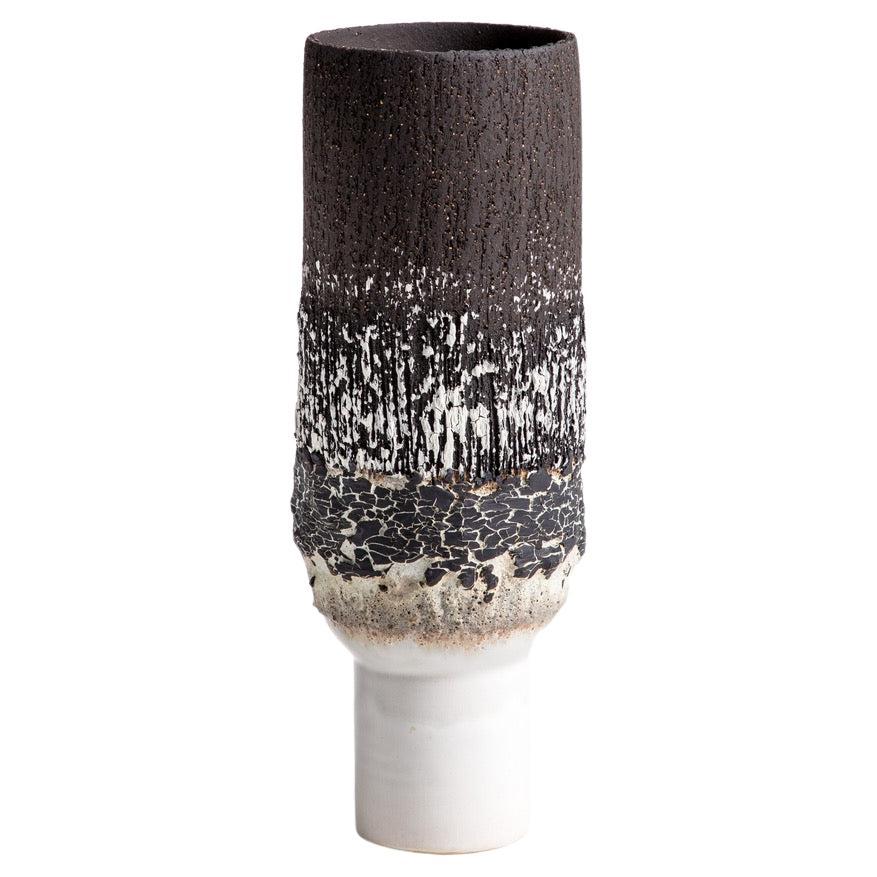 Narrow Ceramic and Black Cracked Porcelain Volcanic Pedestal Vase For Sale