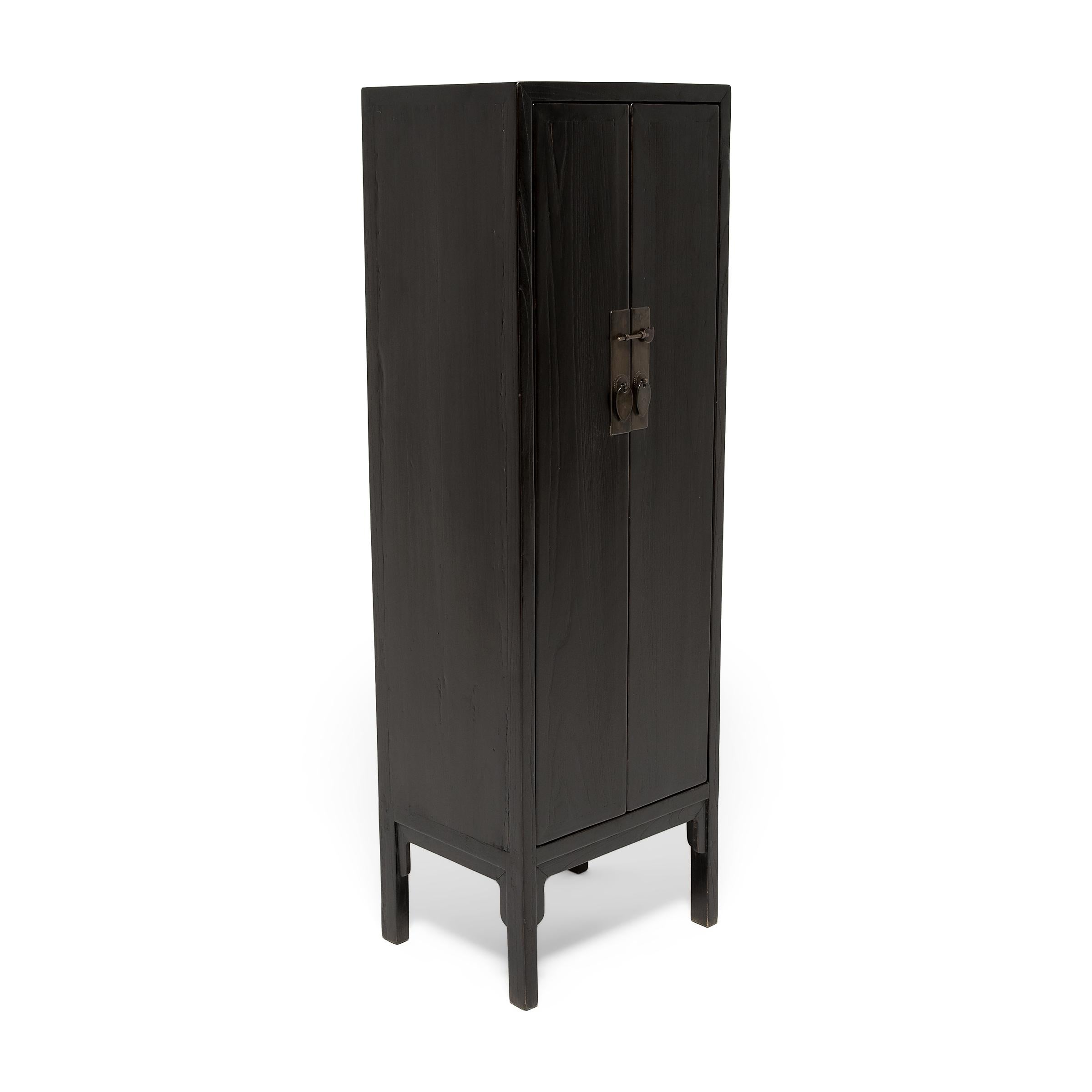 Lacquered Narrow Chinese Black Lacquer Cabinet
