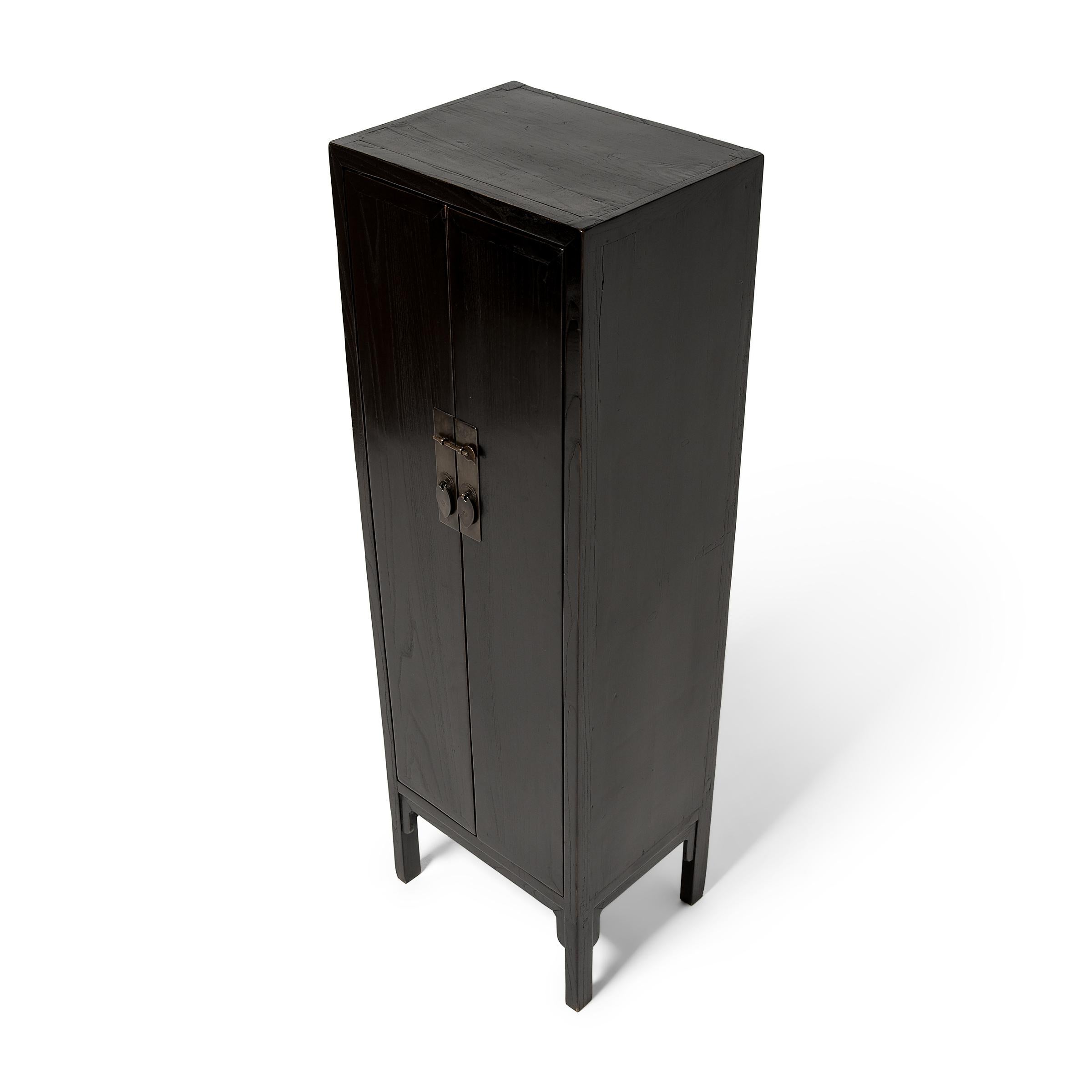 20th Century Narrow Chinese Black Lacquer Cabinet