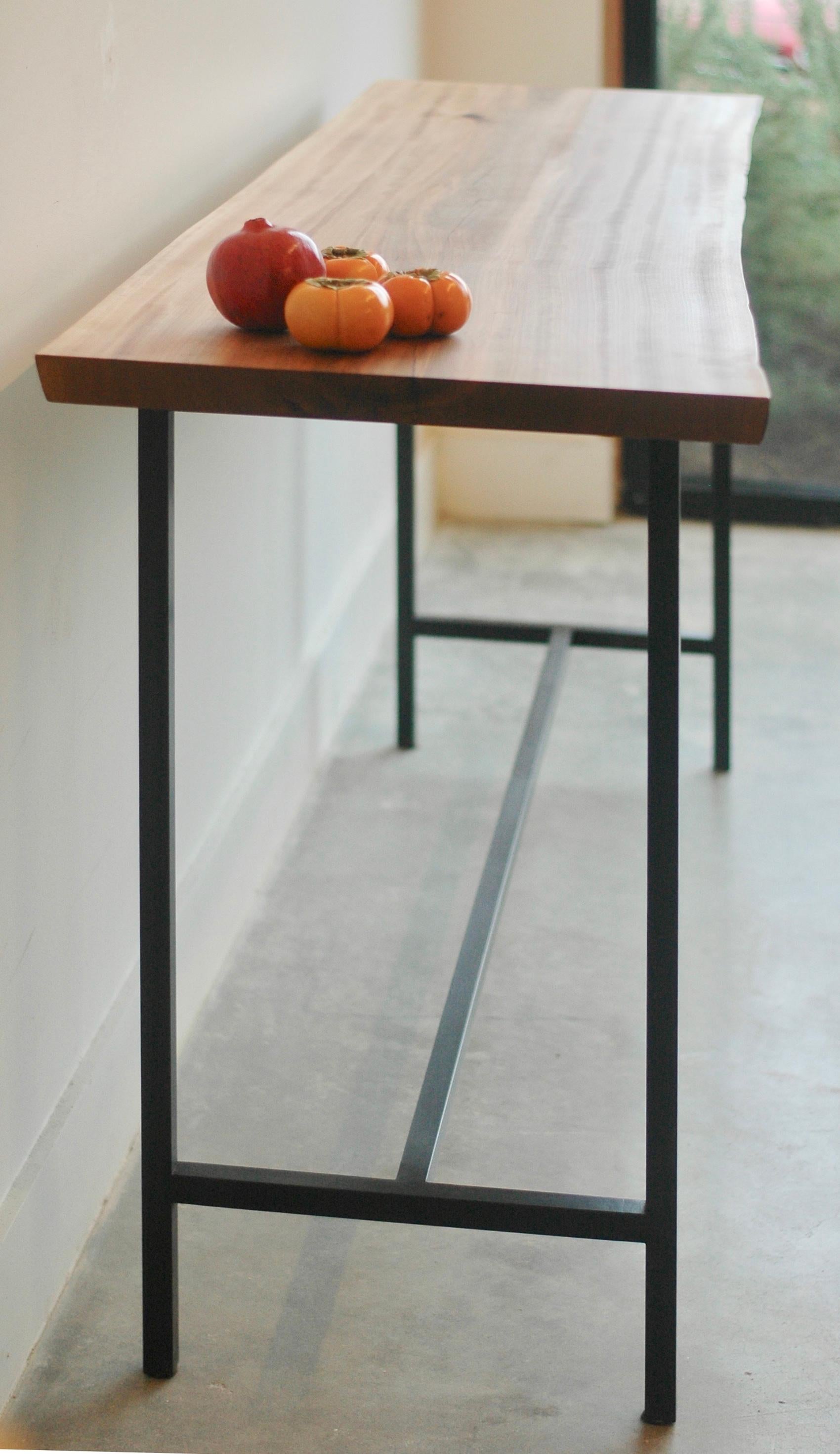 Narrow Console Table in Solid Wood and Modern Steel Base by Alabama Sawyer For Sale 1