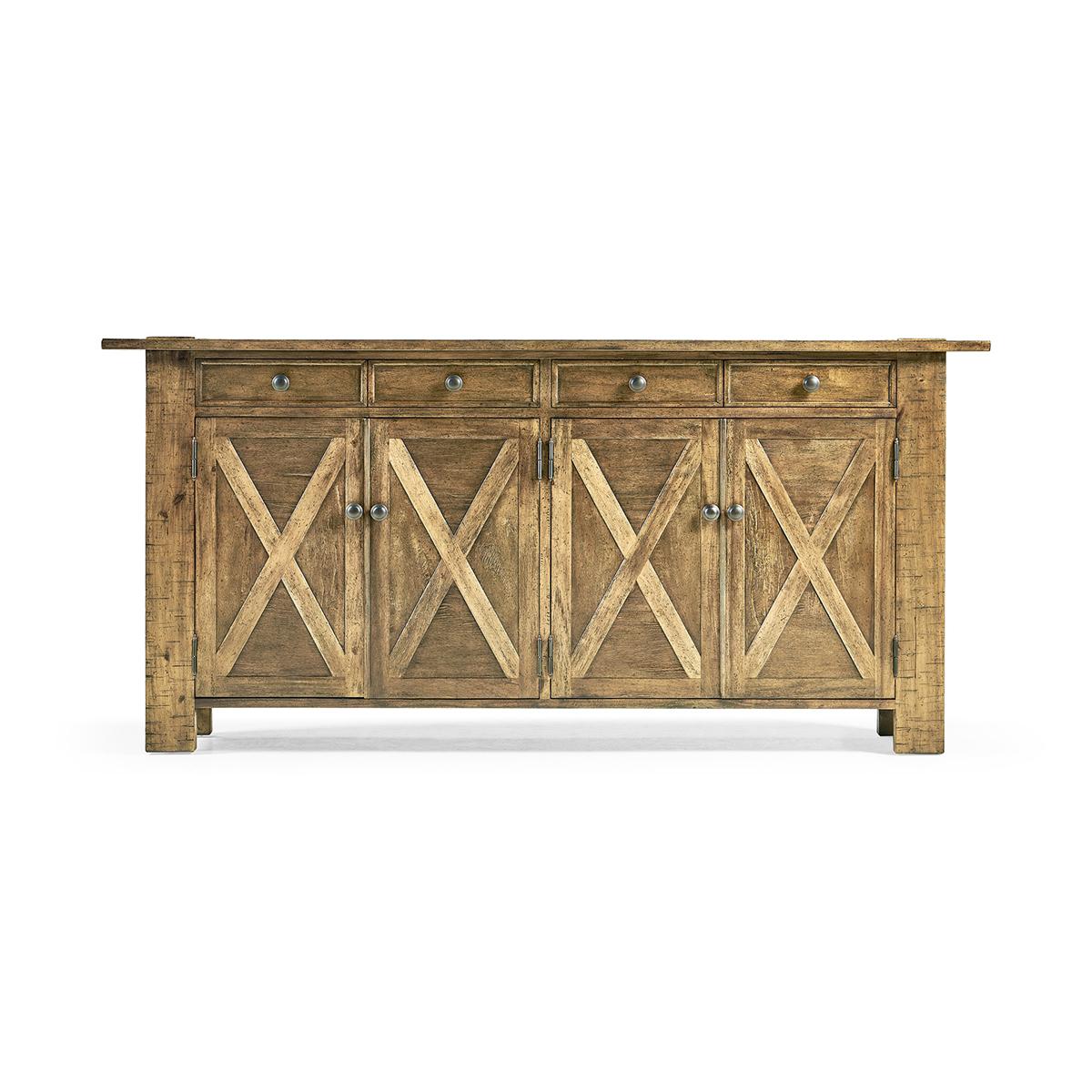 Narrow country credenza with a medium driftwood finish, with paneled details showing exposed saw marks with four doors, shelves within, and four drawers. 

Dimensions: 84